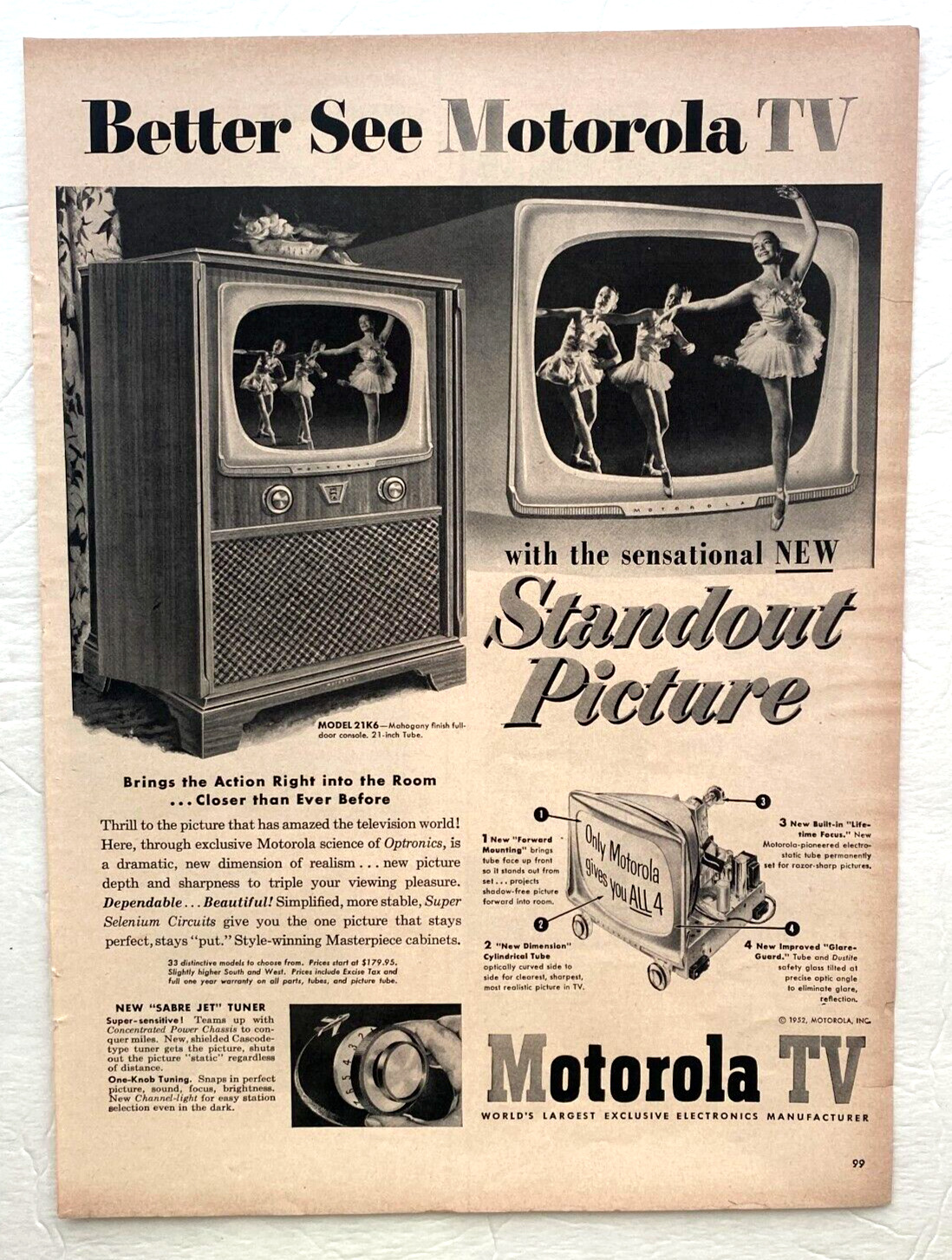 Motorola Vintage Print Ad 1952 Better See TV Saber Jet Tuner Dancers 10.5x14 In