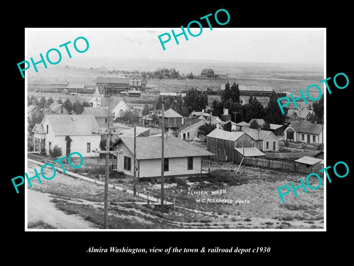 OLD 8x6 HISTORIC PHOTO OF ALMIRA WASHINGTON VIEW OF TOWN & RAIL DEPOT c1930