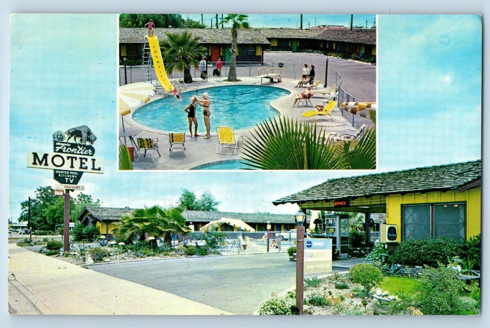 Anaheim California CA Postcard Frontier Motel Swimming Pool View c1960\'s Signage