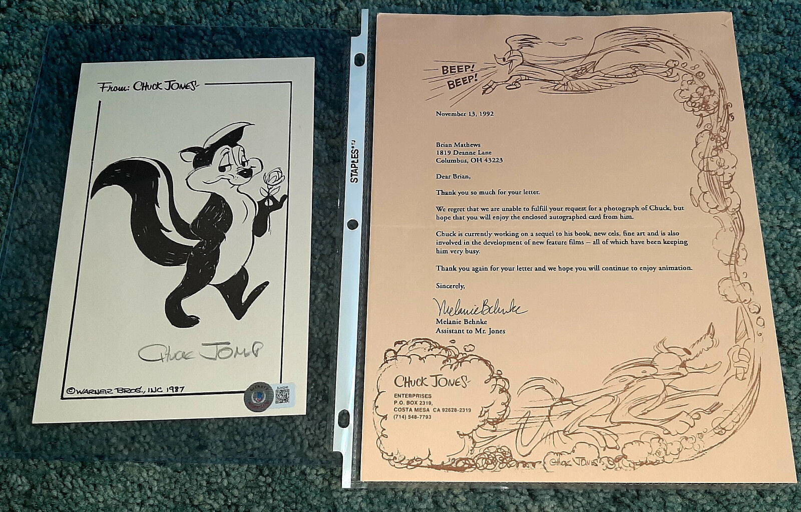 1987 CHUCK JONES AUTO / SIGNED SKETCH / DRAWING with BAS COA and ORIGINAL LETTER