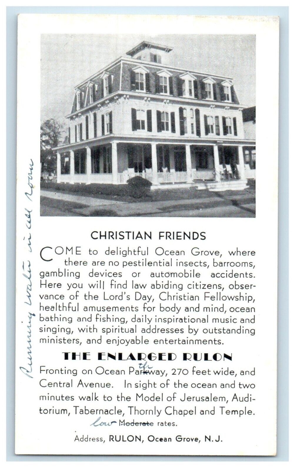 c1940's Rulon Tourist Motel House Christian Ocean Grove New Jersey NY Postcard