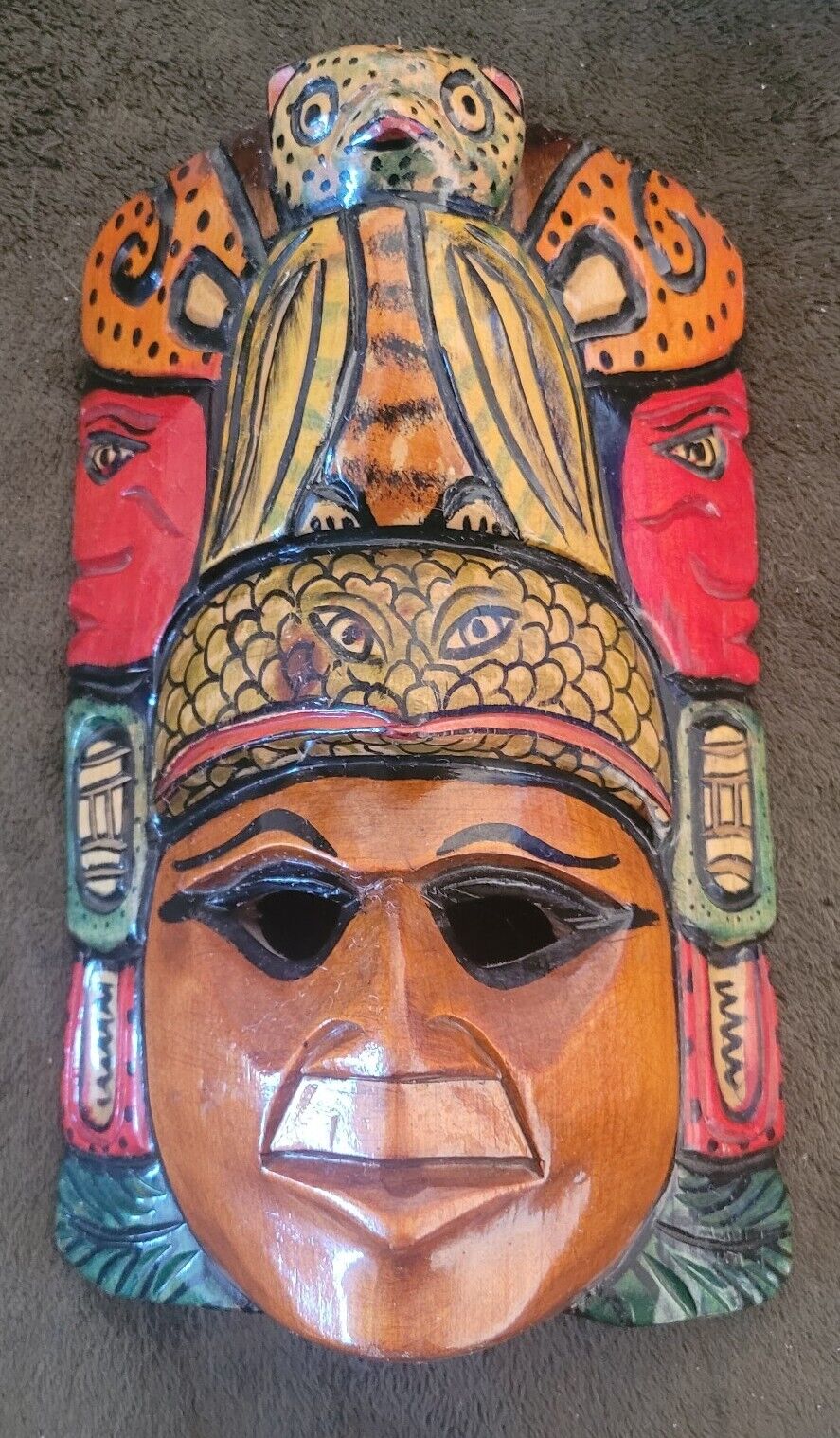 Vintage Handcrafted South American Tribal Mask Wood Colorful Handmade Wall Decor
