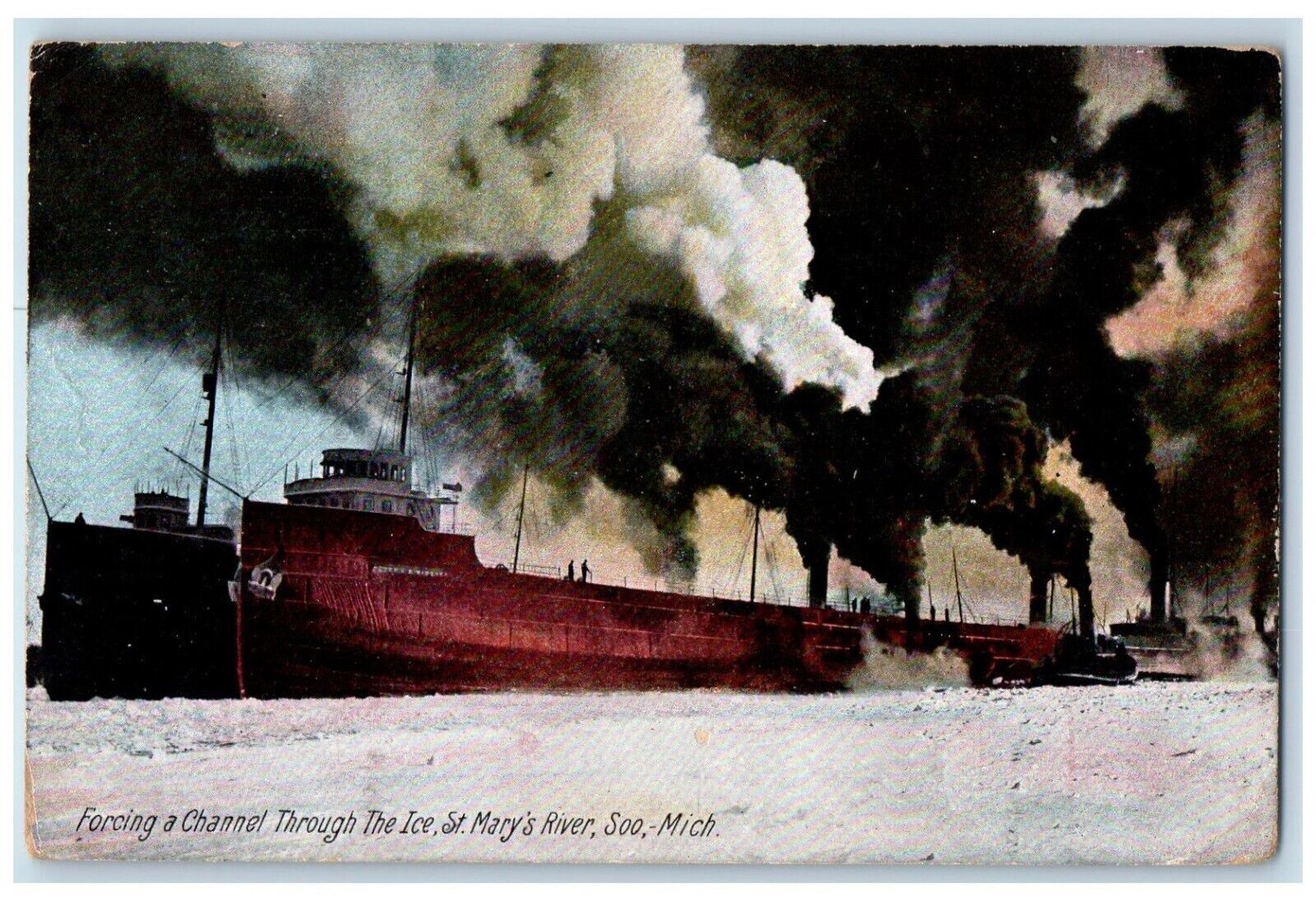 1907 Forcing Channel Through Ice St Mary River Soo Michigan MI Posted Postcard