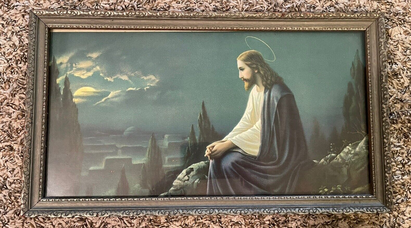 Vintage Framed Christ On Mount Olive Print 16 x 9