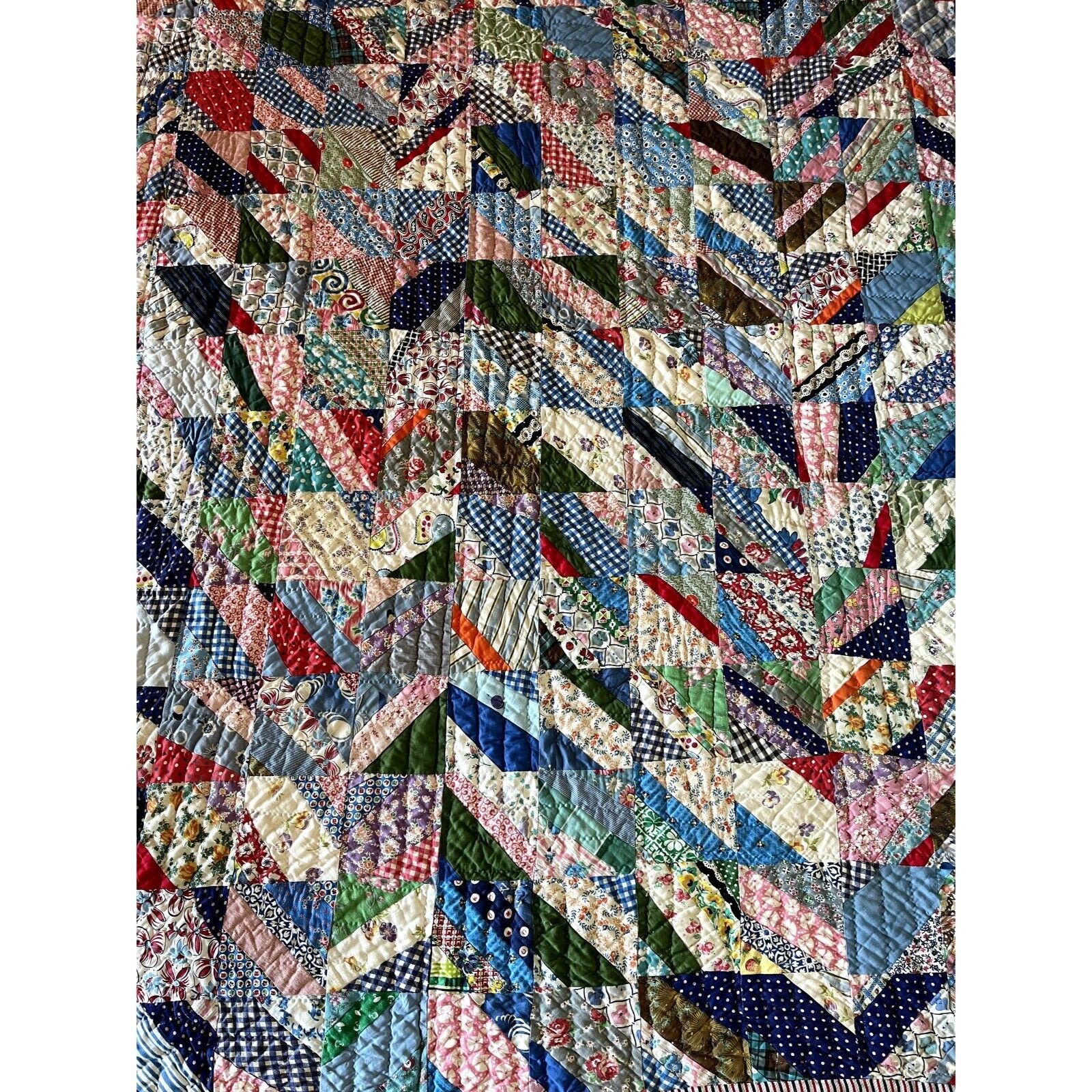 Antique Vintage 1930s Strip Scrappy Hand Quilted Quilt Colorful & Fun Handmade