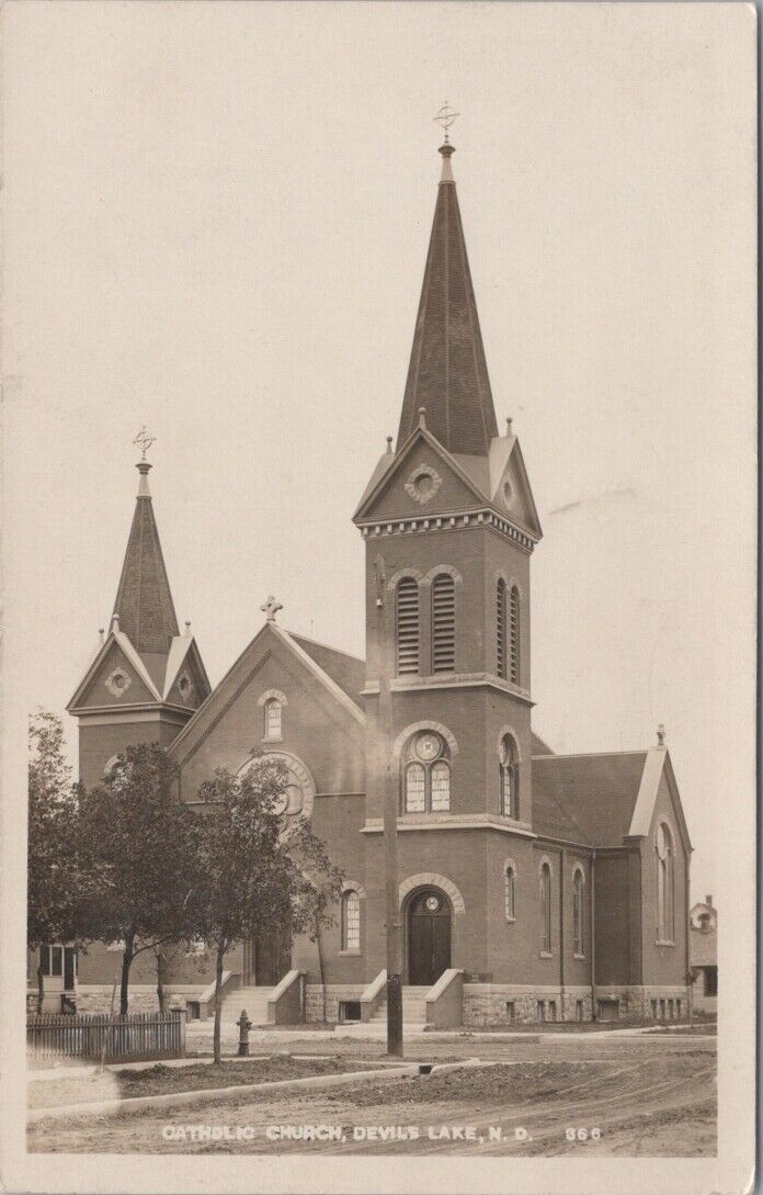 Postcard - Catholic Church Devils Lake ND 1914 RPPC