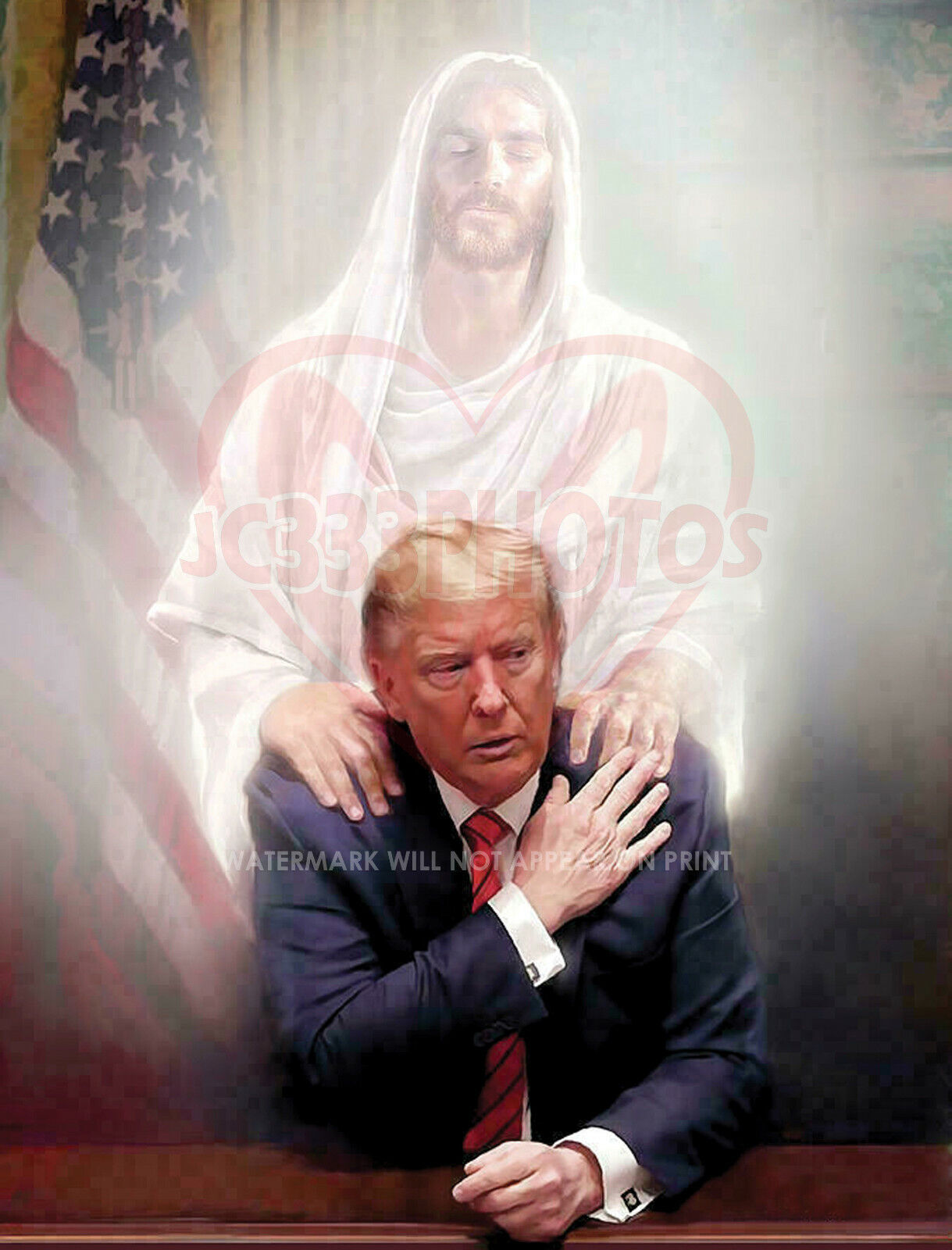 JESUS CHRIST PHOTO 8.5X11 PRAYING WITH PRESIDENT DONALD TRUMP MAGA REPRINT