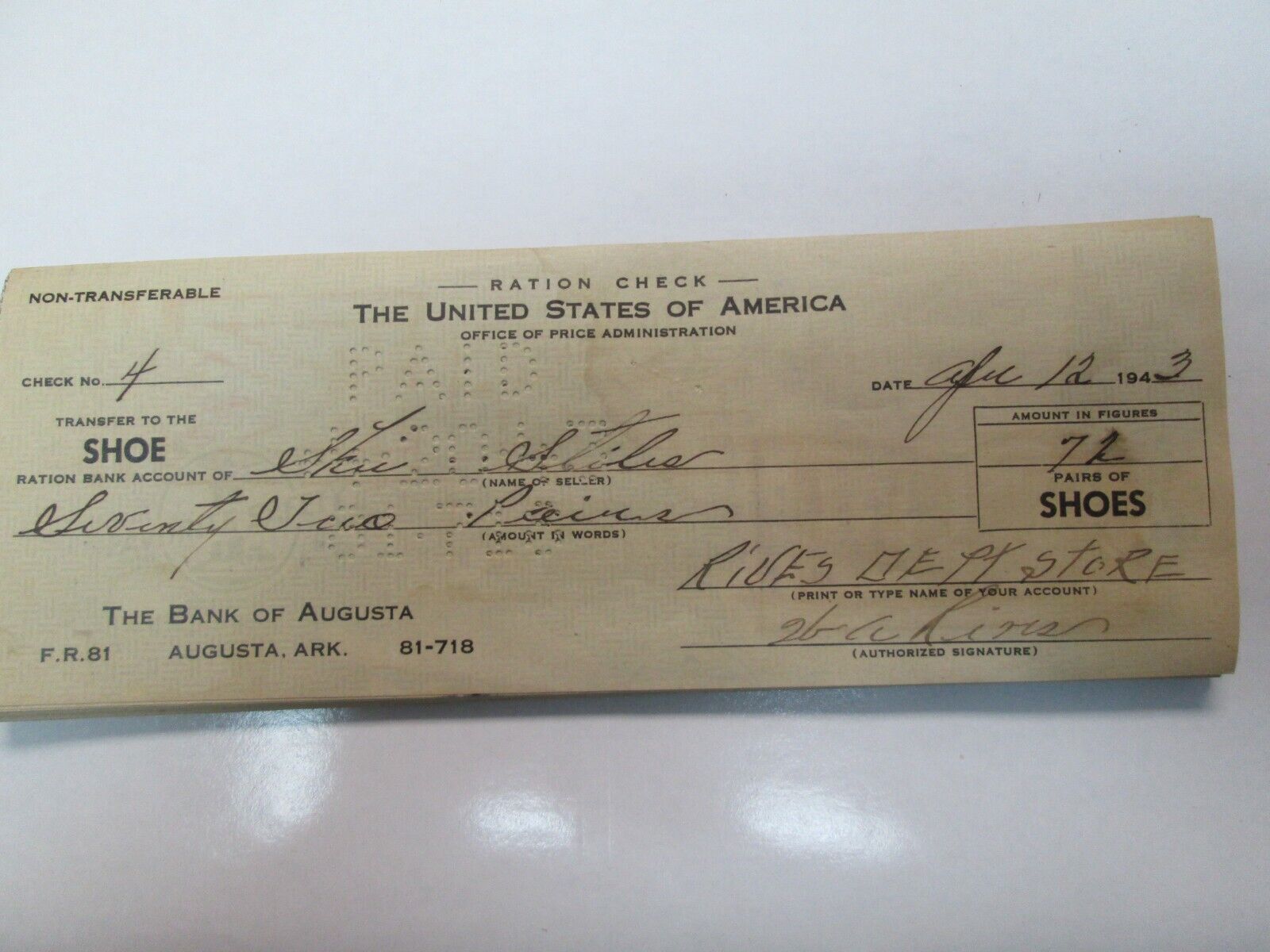 1940's Ration Check for Shoes by Office of Price Administration
