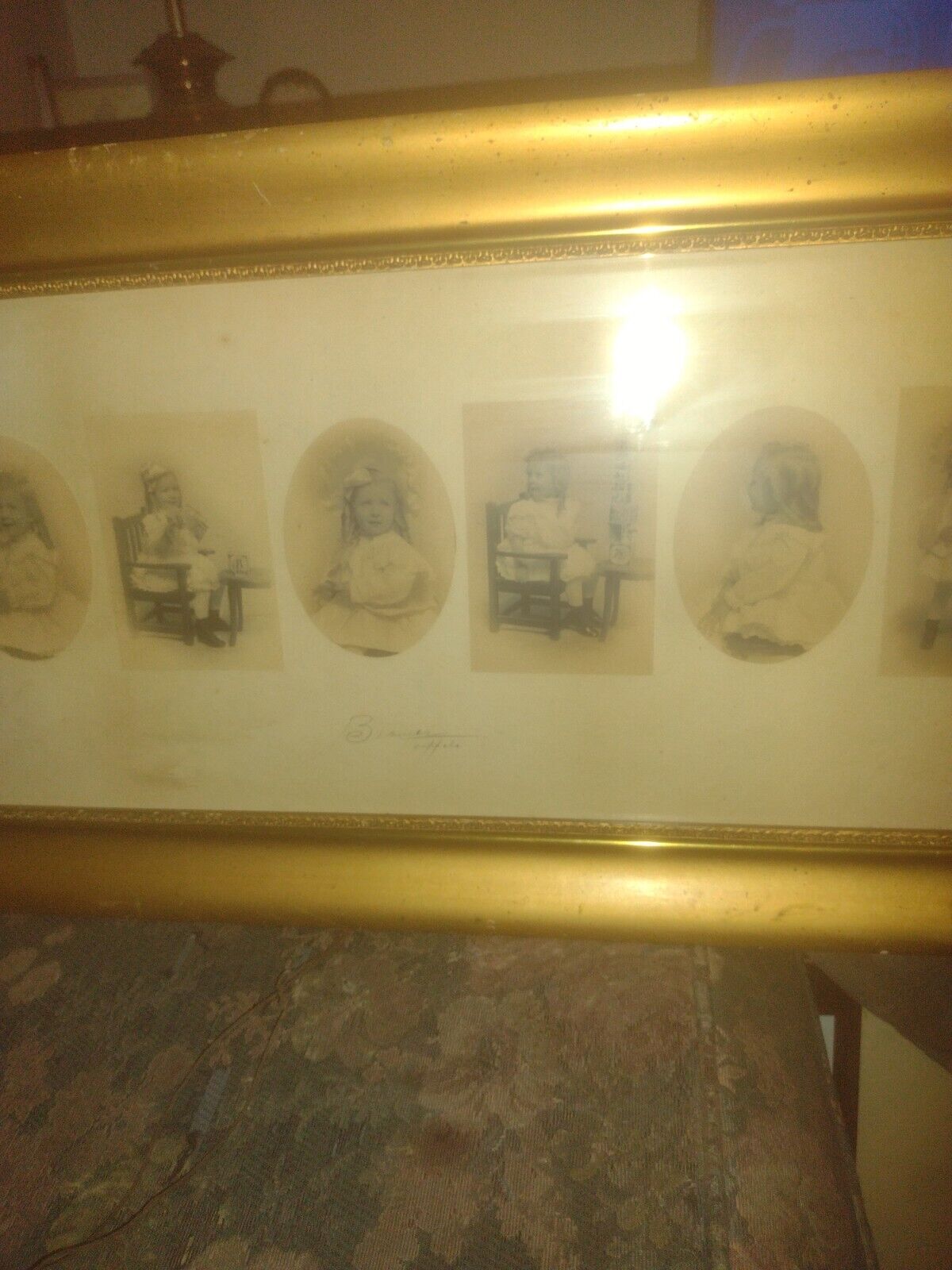 7 Cut Out Antique Photos Of Beautiful Little Girl In Antique Gold Wooden Frame.