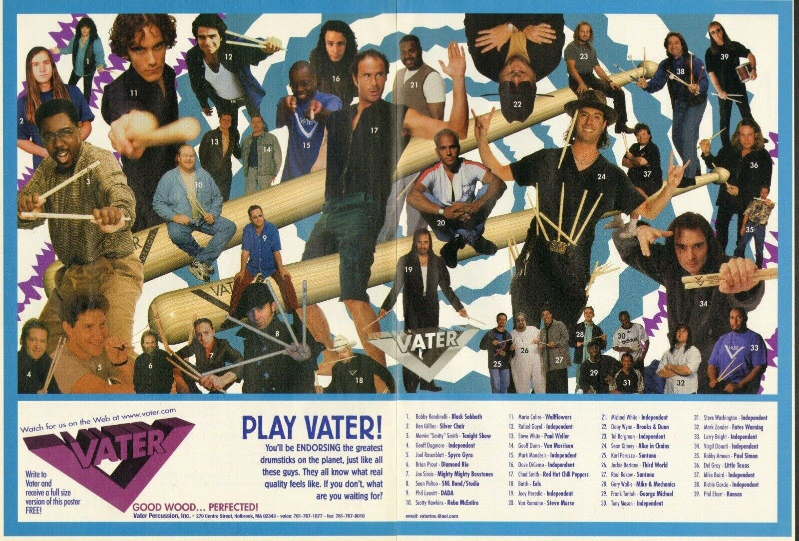 1999 2pg Print Ad of Vater Drumsticks Drummer Endorser List