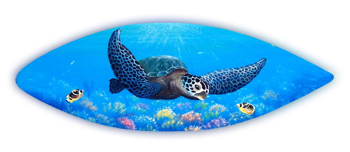 Sea turtle underwater sea life handcrafted wooden surfboard hand painted coral
