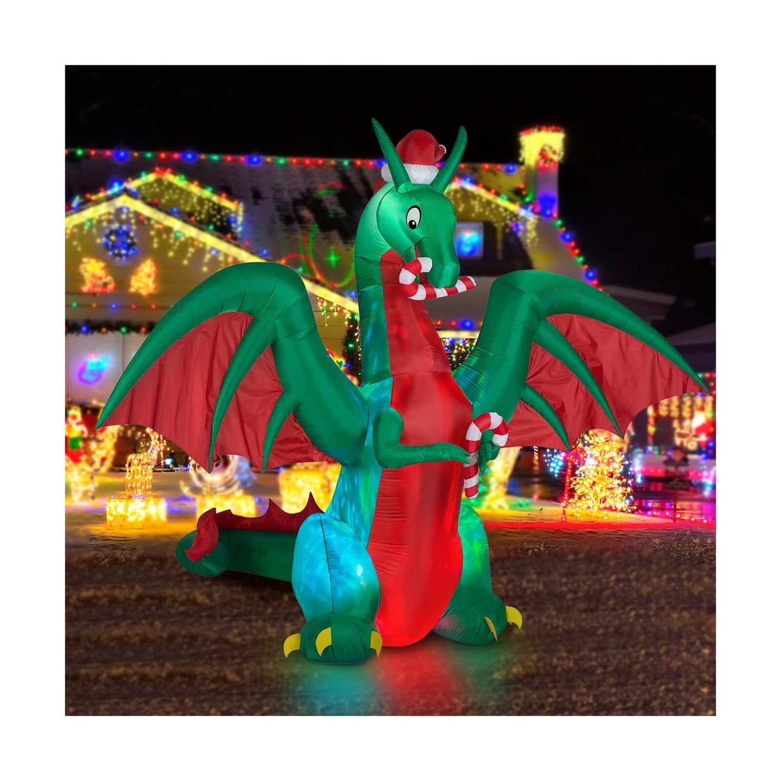 BLOWOUT FUN 8ft Inflatable Christmas Dargon with Candy Disco LED Lighted Blow...