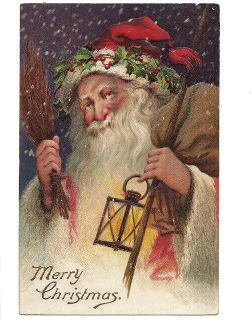 c1910 Merry Christmas Santa Claus Lantern Embossed Postcard AWESOME HANDWRITING