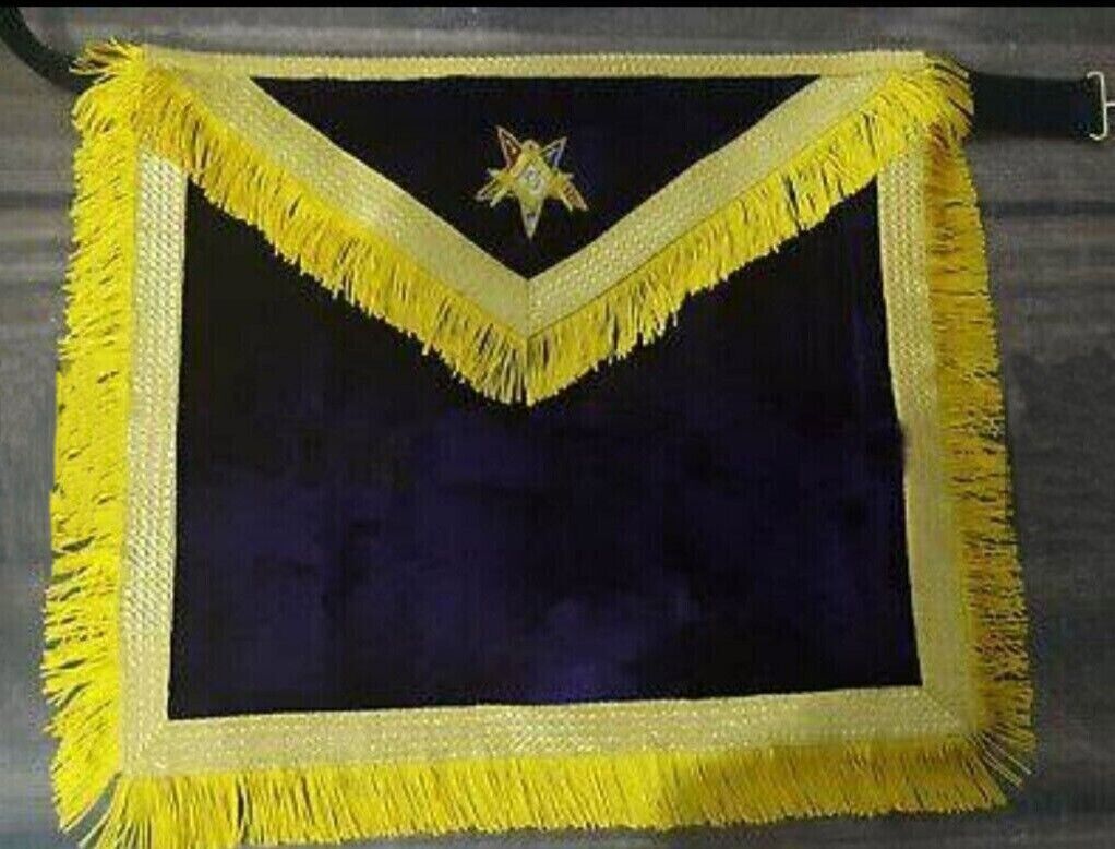 purple Worthy Patron apron outlined with the gold fringe