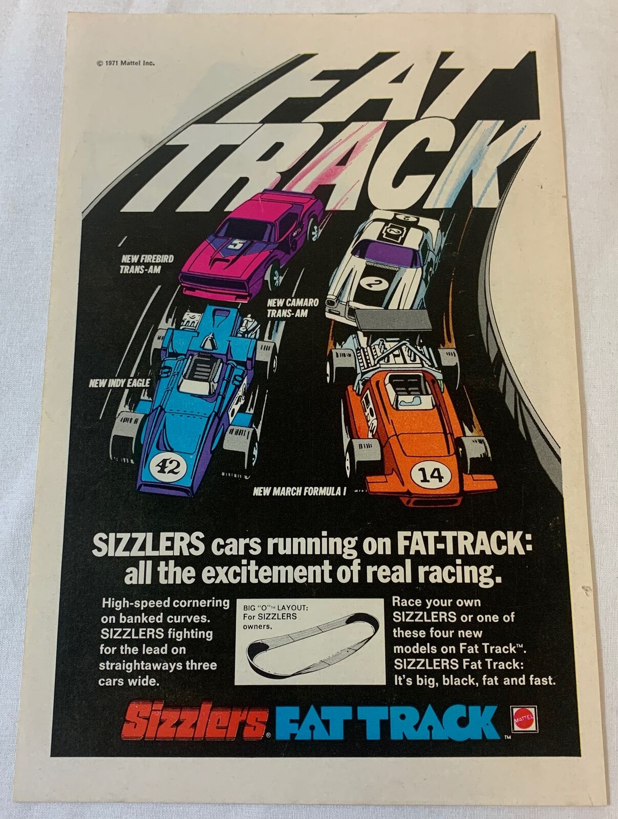 1971 Hot Wheels ad ~ SIZZLERS FAT TRACK ~ Firebird Trans-Am,Indy Eagle, more
