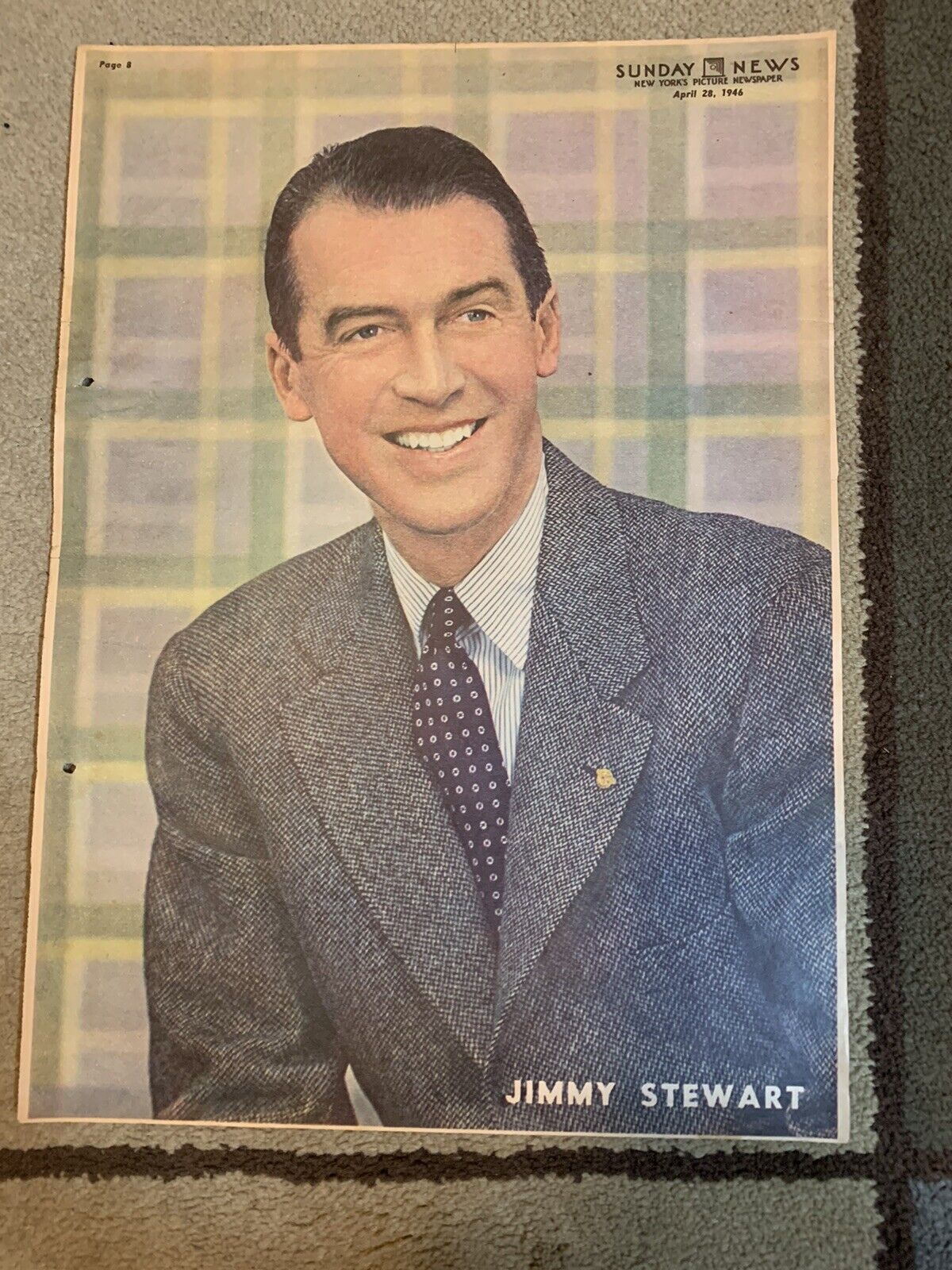 JIMMY STEWART original color portrait SUNDAY NEWS 4/28/46 OLD HOLLYWOOD RARE