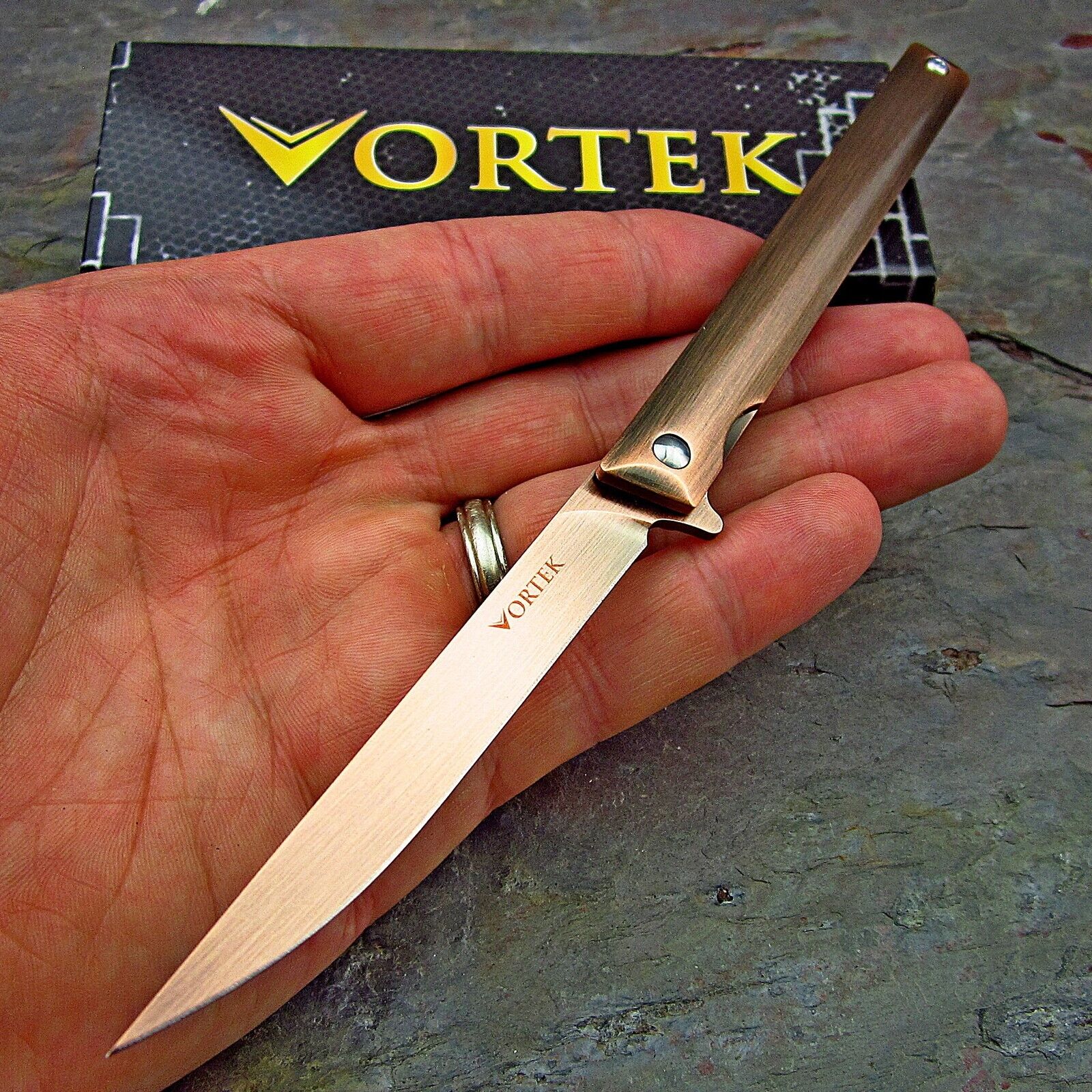 VORTEK CAVALIER Bronze Small Slim Executive Folding Bearing Flipper Pocket Knife