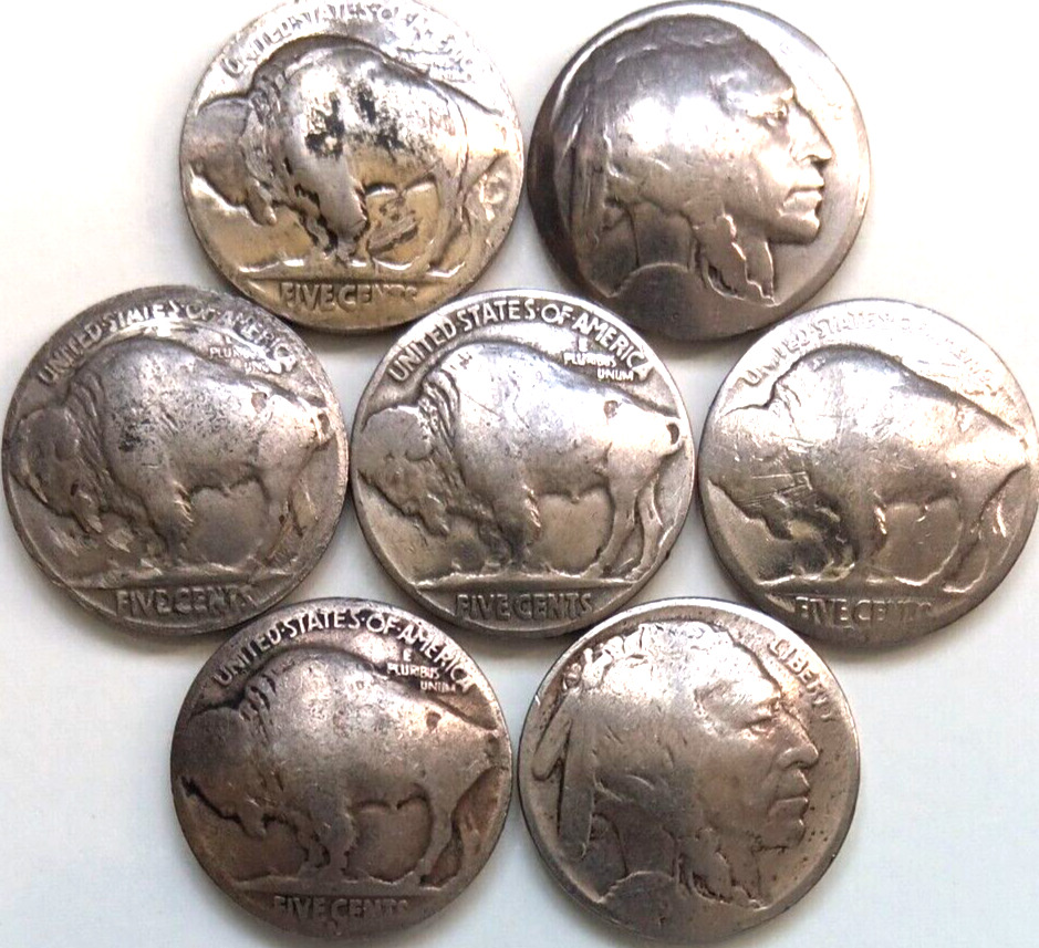 Lot Of 7 Hand Crafted Domed Buffalo Nickel 5 Cents Button Covers 1916 1927 1936