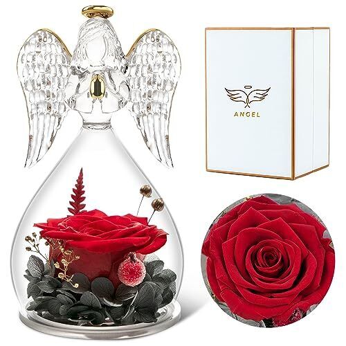rolra Angel Rose Figurines Angel Gifts for Women, Preserved Flower Rose Glass...