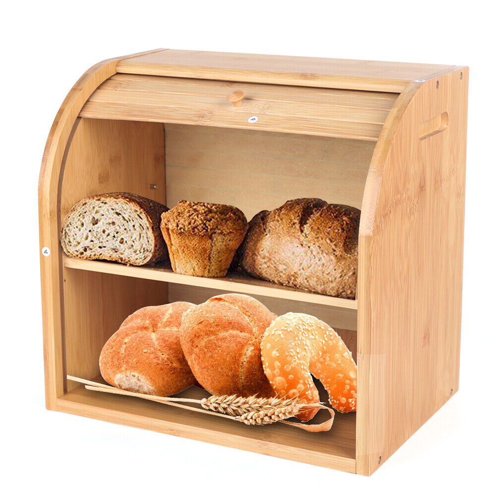 2-Layer Bread Box Bread Keeper Bamboo Wood With Lid Kitchen Storage Containers