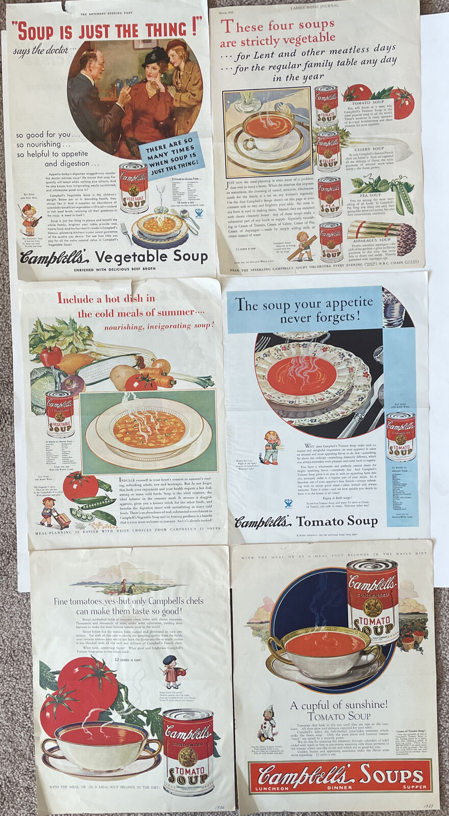 6 Vintage 1930s Ads Campbell\'s Soup 1920’s 1930s Inserts from Popular Magazines