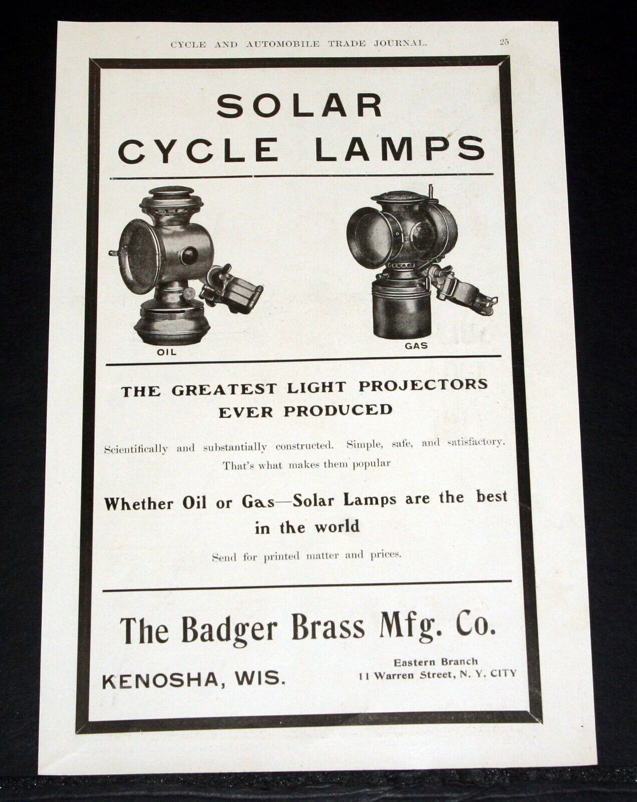 1904 OLD MAGAZINE PRINT AD, BADGER BRASS, SOLAR CYCLE LAMPS, THE GREATEST EVER