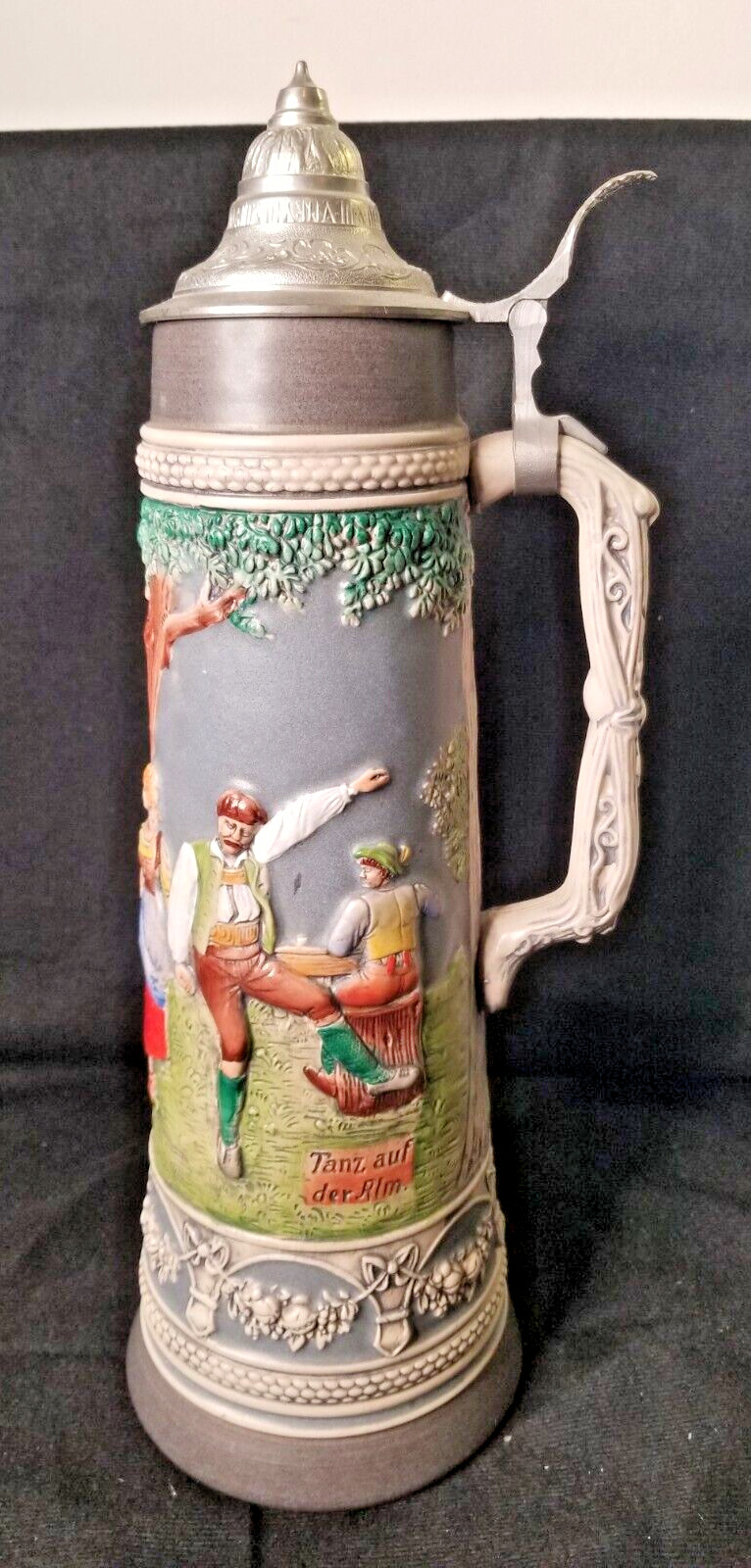 Vintage Gerz W. Germany 13” tall lidded pewter Beer Stein Hand Painted Dancers