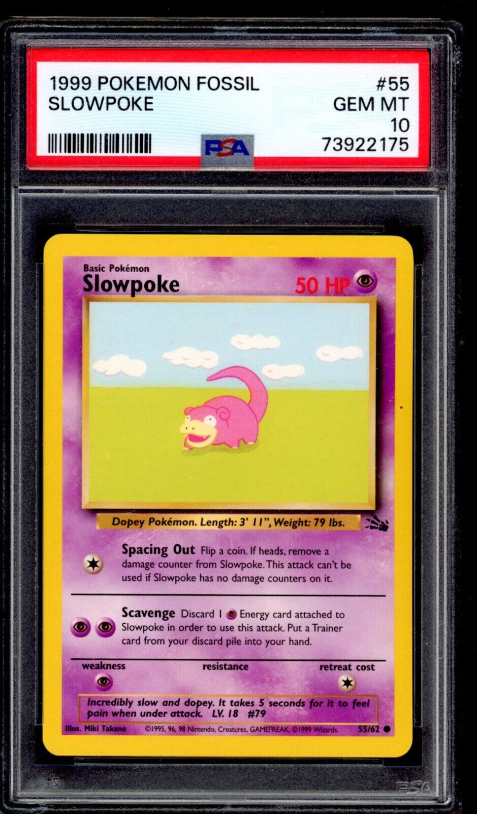 PSA 10 Slowpoke 1999 Pokemon Card 55/62 Fossil