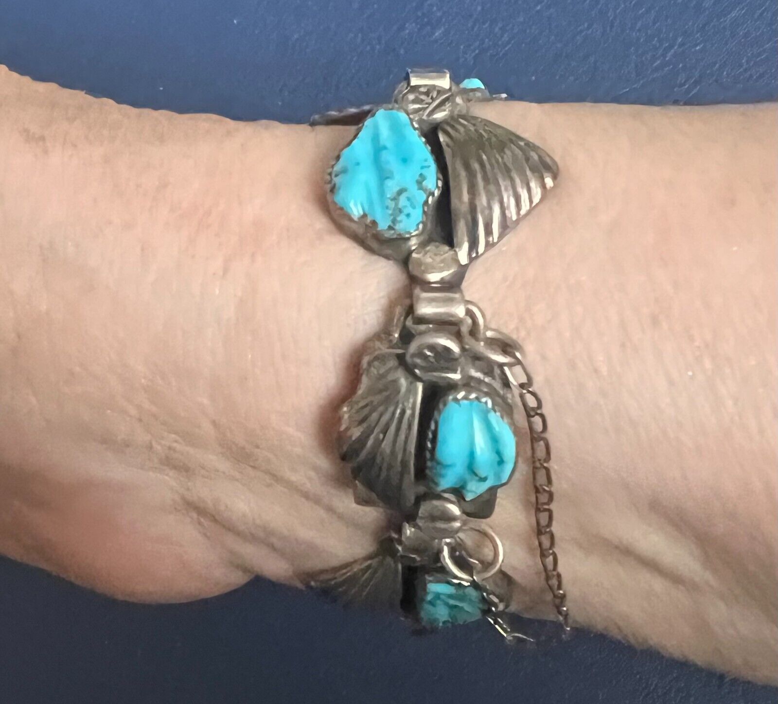Zuni Cochiti Ben Eustace Signed Carved Natural Turquoise Linked Bracelet 7-1/4\