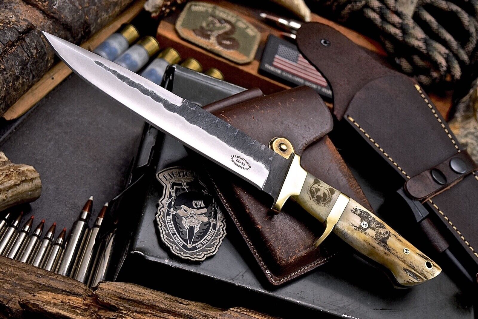 CFK Handmade DC53 Custom BEAR Scrimshaw India Sambar Stag Sub Hilt Hunting Knife