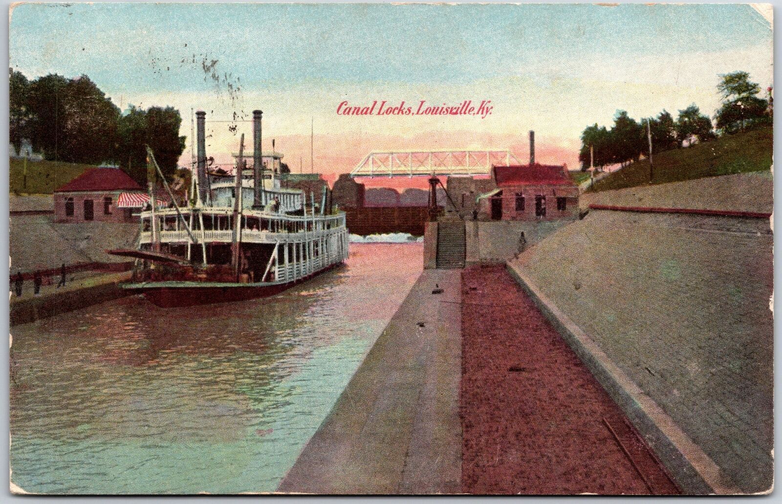 1909 Canal Lock Louisville Kentucky KY Steamboat Crossing Posted Postcard