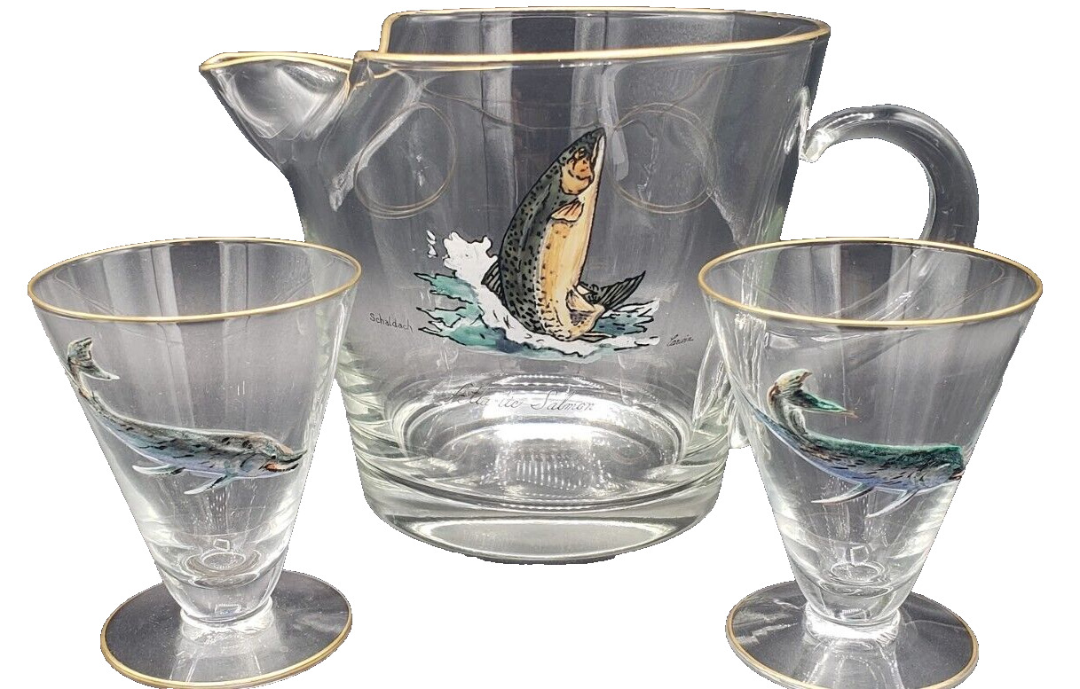 Schaldach/Carwin Game Fish Pitcher & 2 Glasses Vintage Set of 3