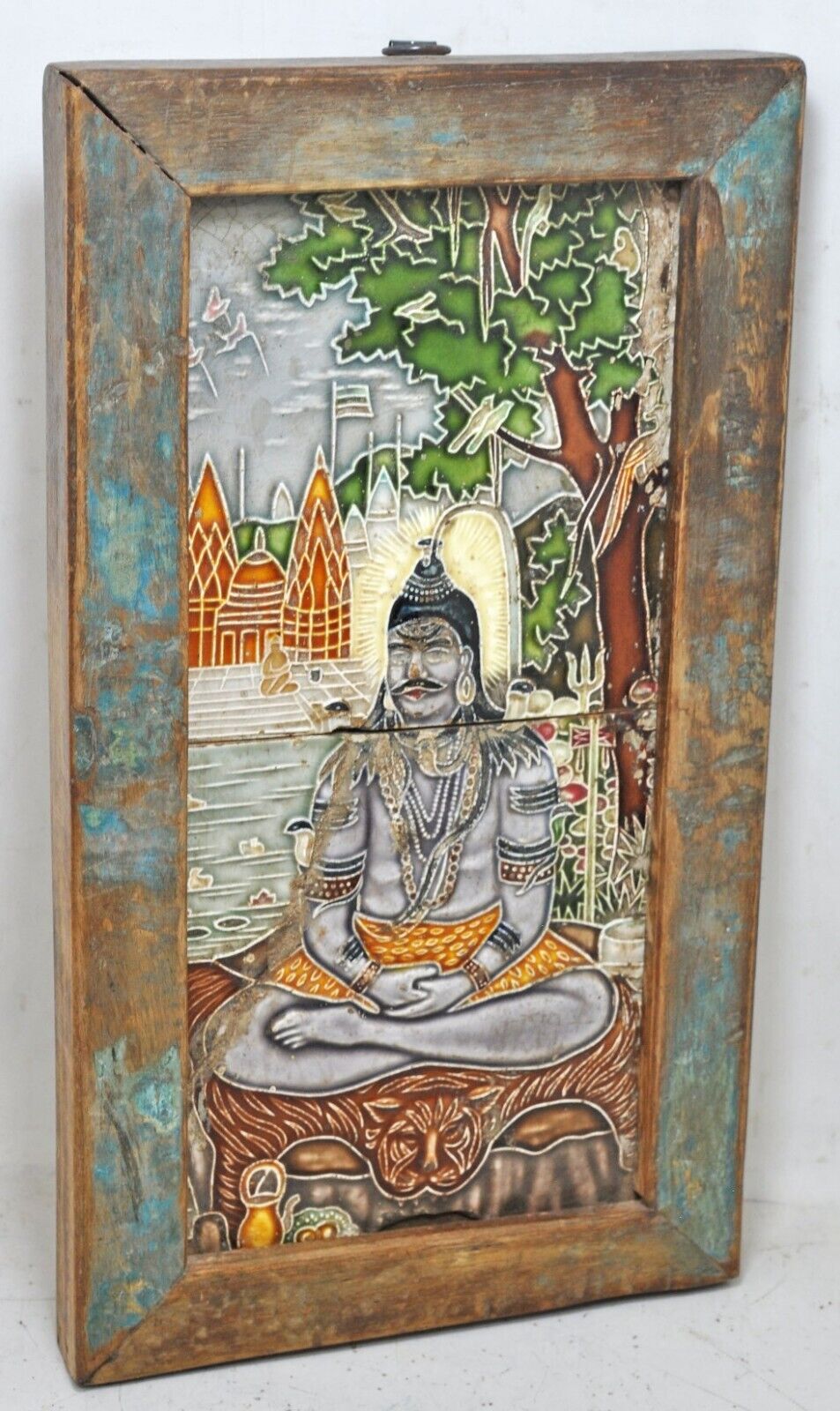 Antique Wall Décor Ceramic Tile Panel God Shiva Original Old Hand Crafted