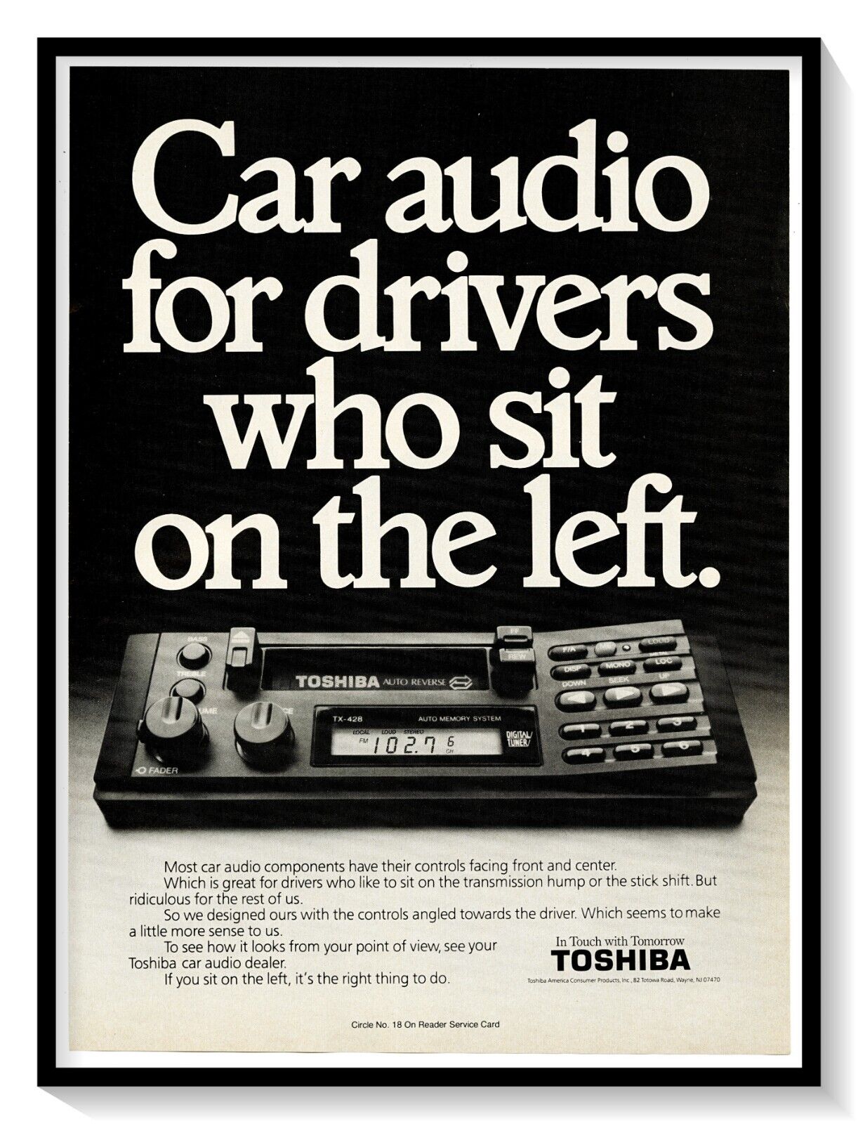 Toshiba Car Audio Sit on the Left Print Ad Vintage 1989 Magazine Advertisement