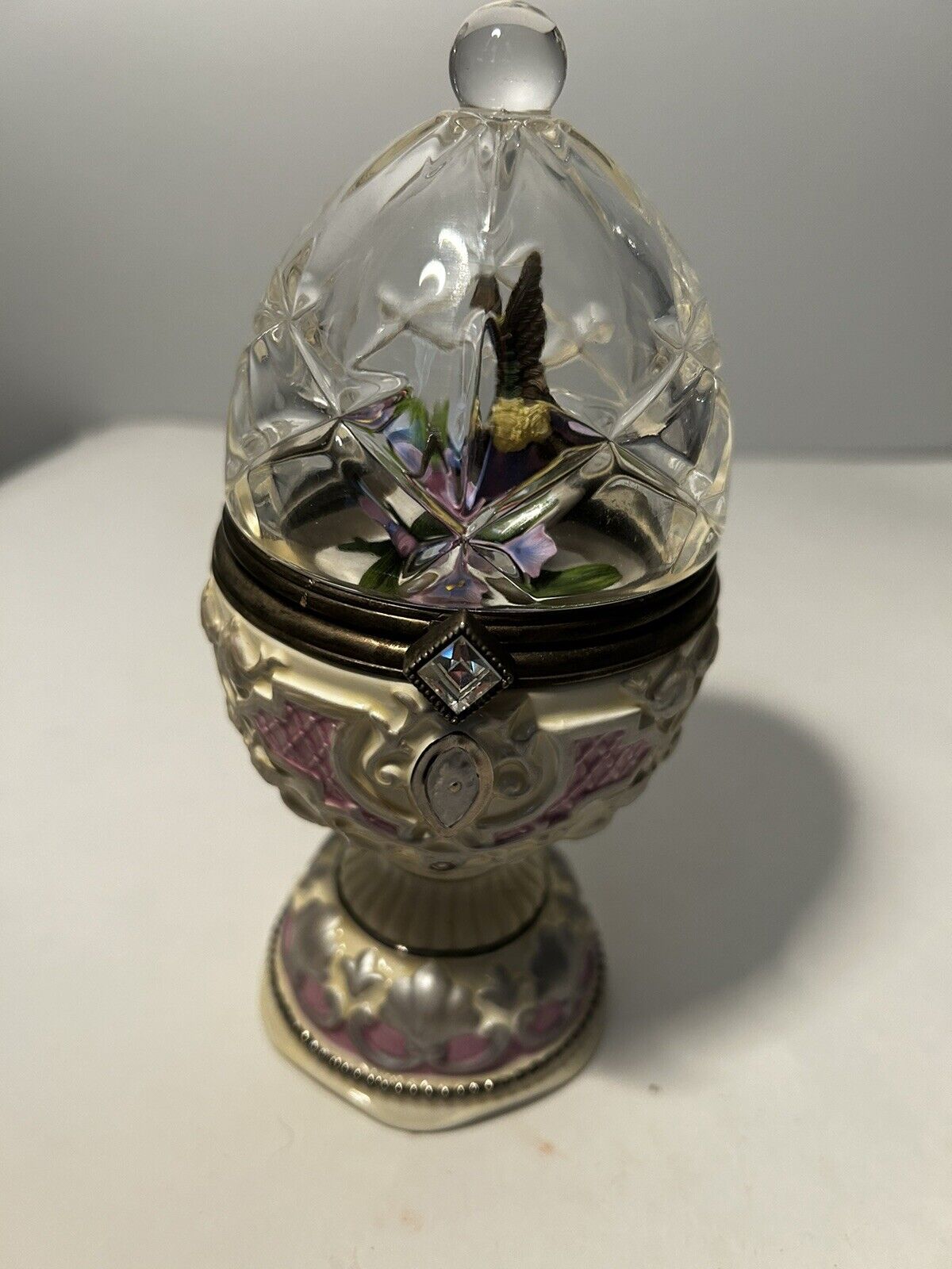 Vintage Porcelain  Crystal Music Box Decorative Egg, Hummingbird Whimsical