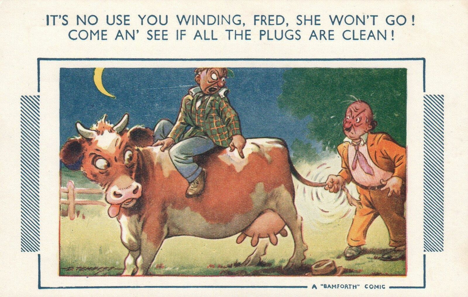 1953 VINTAGE Comic Bamforth Silly Drunks Try to Use a Cow as Motor Car POSTCARD