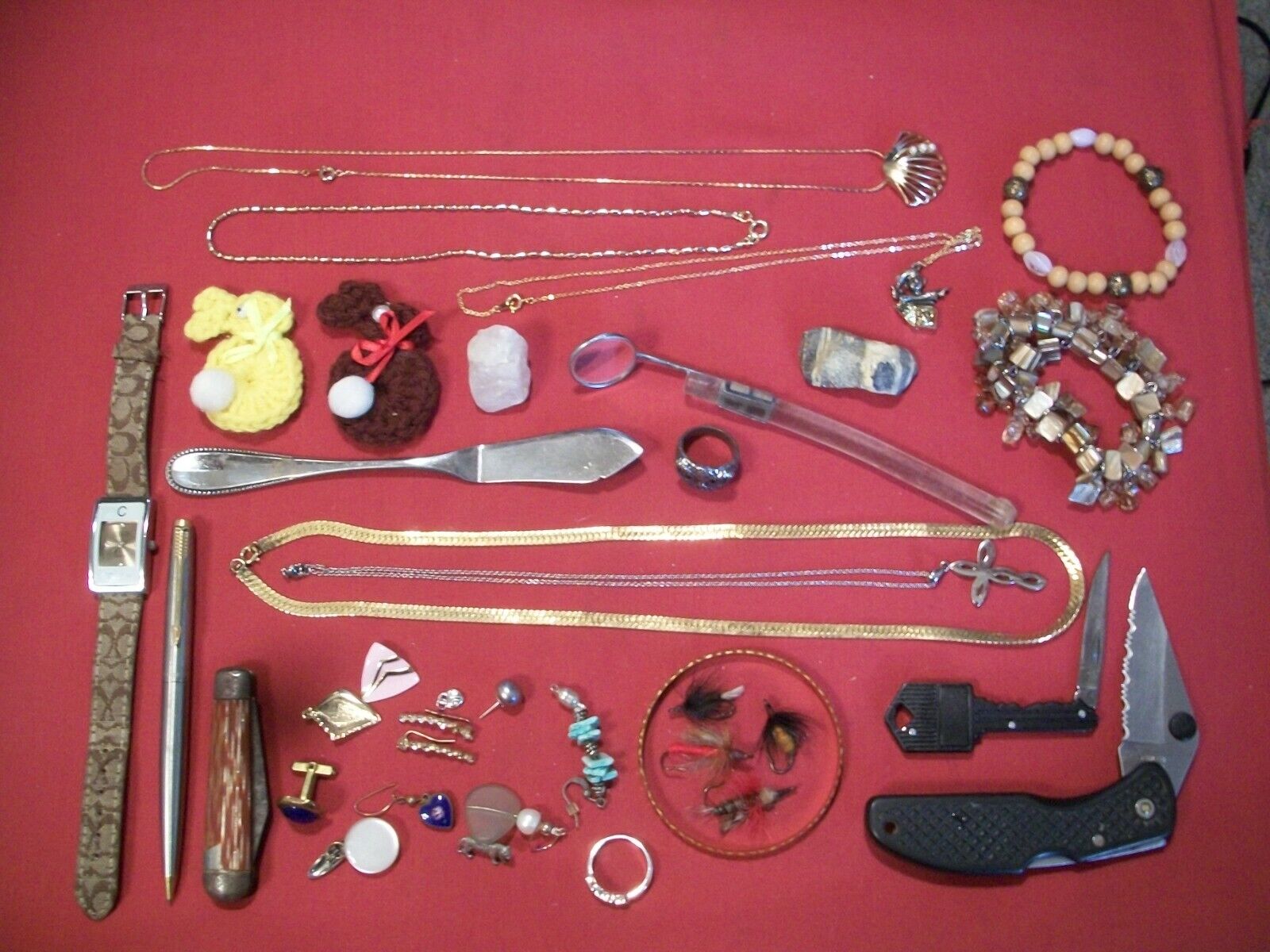 Junk Drawer Lot of Jewelry, Knives, Fishing Flys, Coach Watch, Parker Pencil,   