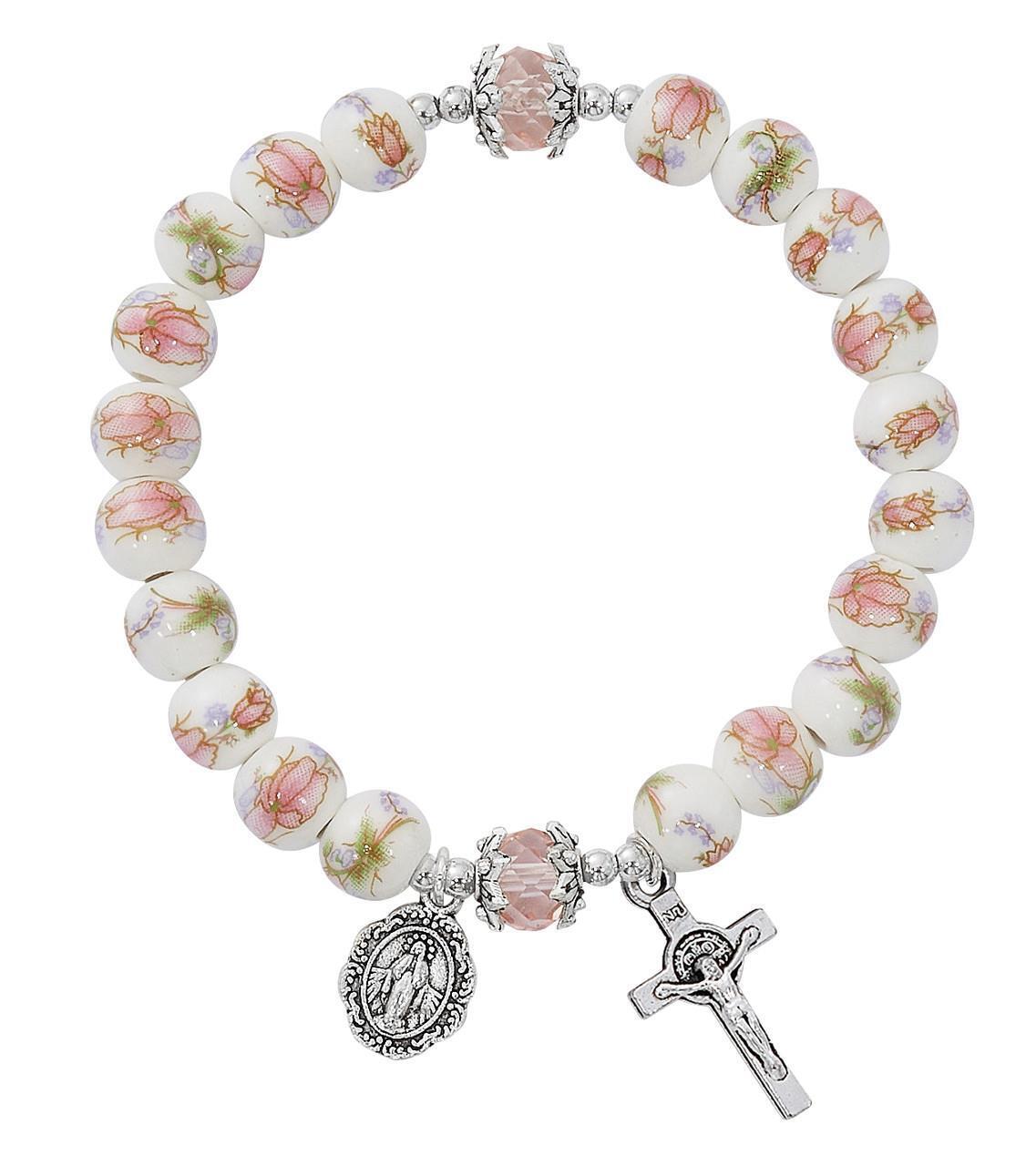 8mm Pink Ceramic 2 Decade Rosary Stretch Bracelet Comes Carded
