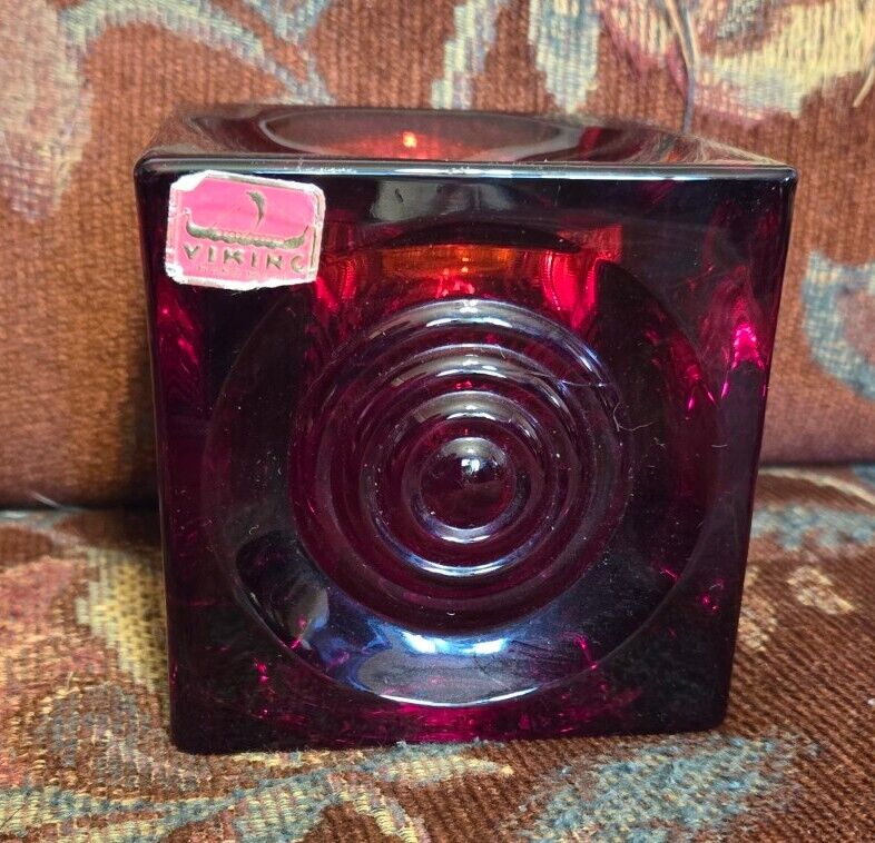Vtg Viking Bullseye Cube Glass Candle Holder 1970s MCM Mid-Century Ruby Red 