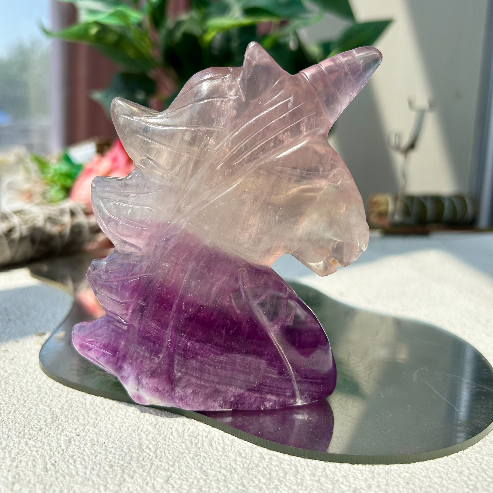 415g natural Rainbow fluorite unicorn carving healing quartz crystal Display 1th