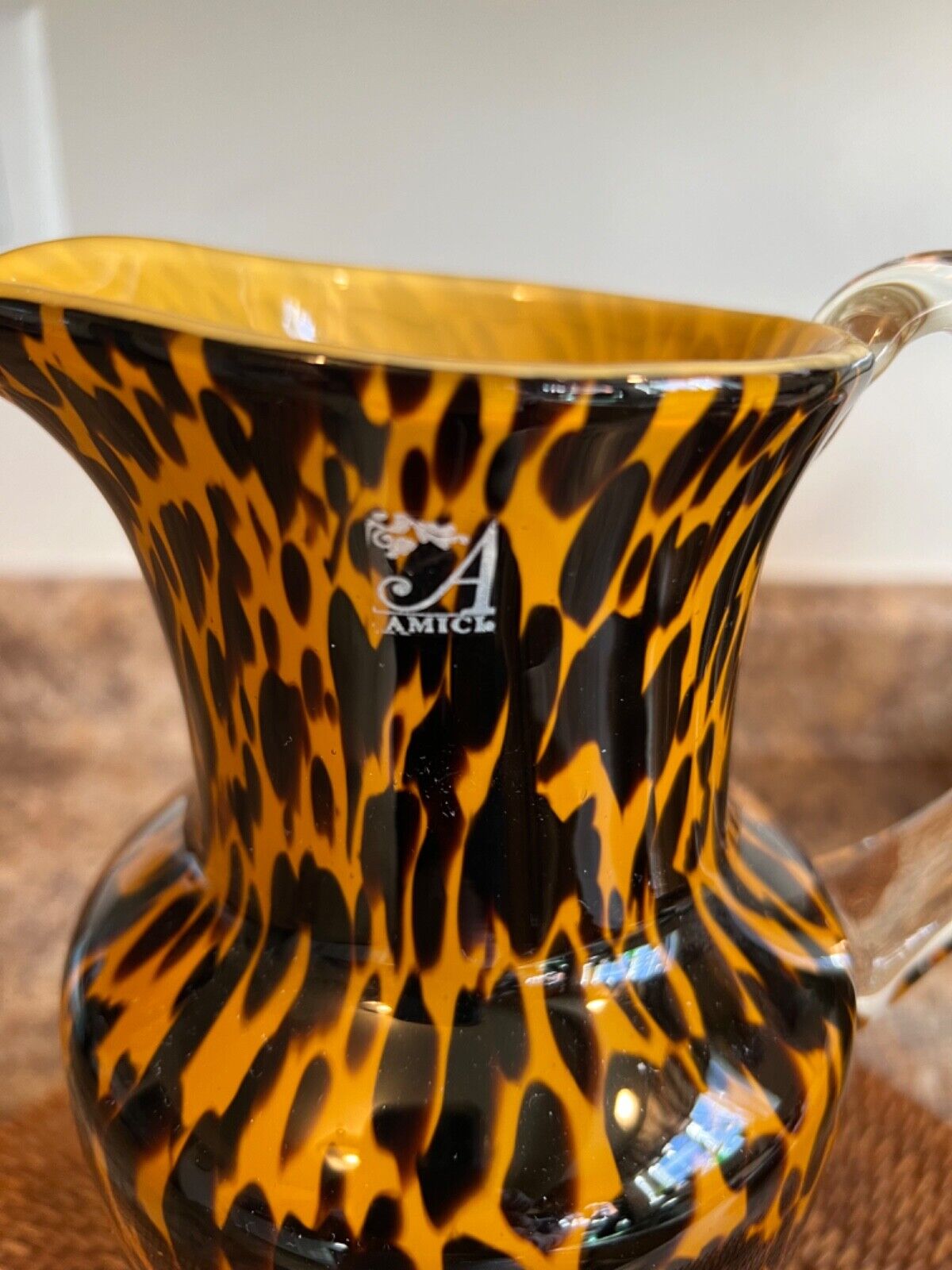 Amici Hand Blown Art Glass Safari Leopard Pitcher Vase  Italy 