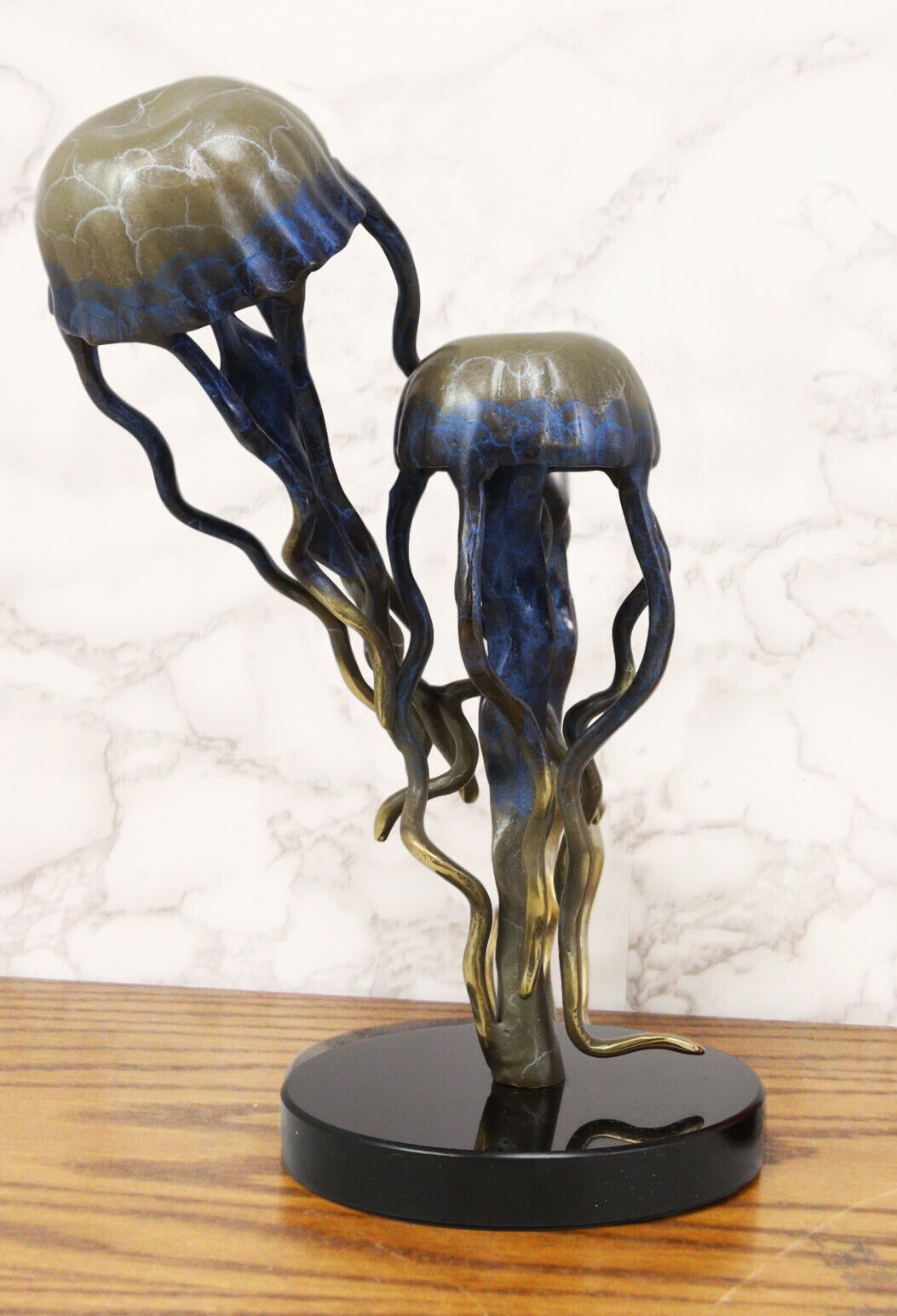 Brass Colorful Nautical Jellyfish Pair Floating In The Sea Statue On Marble Base