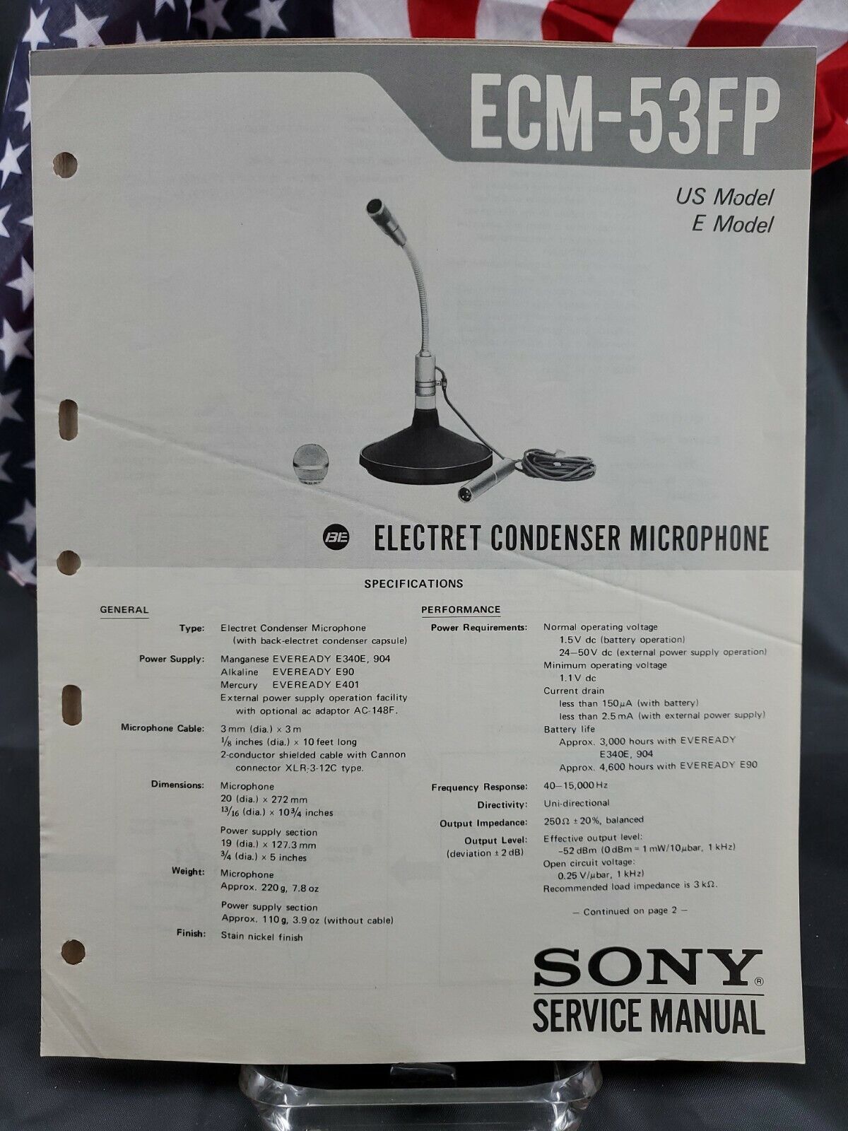 Original Sony Service Manual 1978 Electret Condenser Microphone ECM-53FP