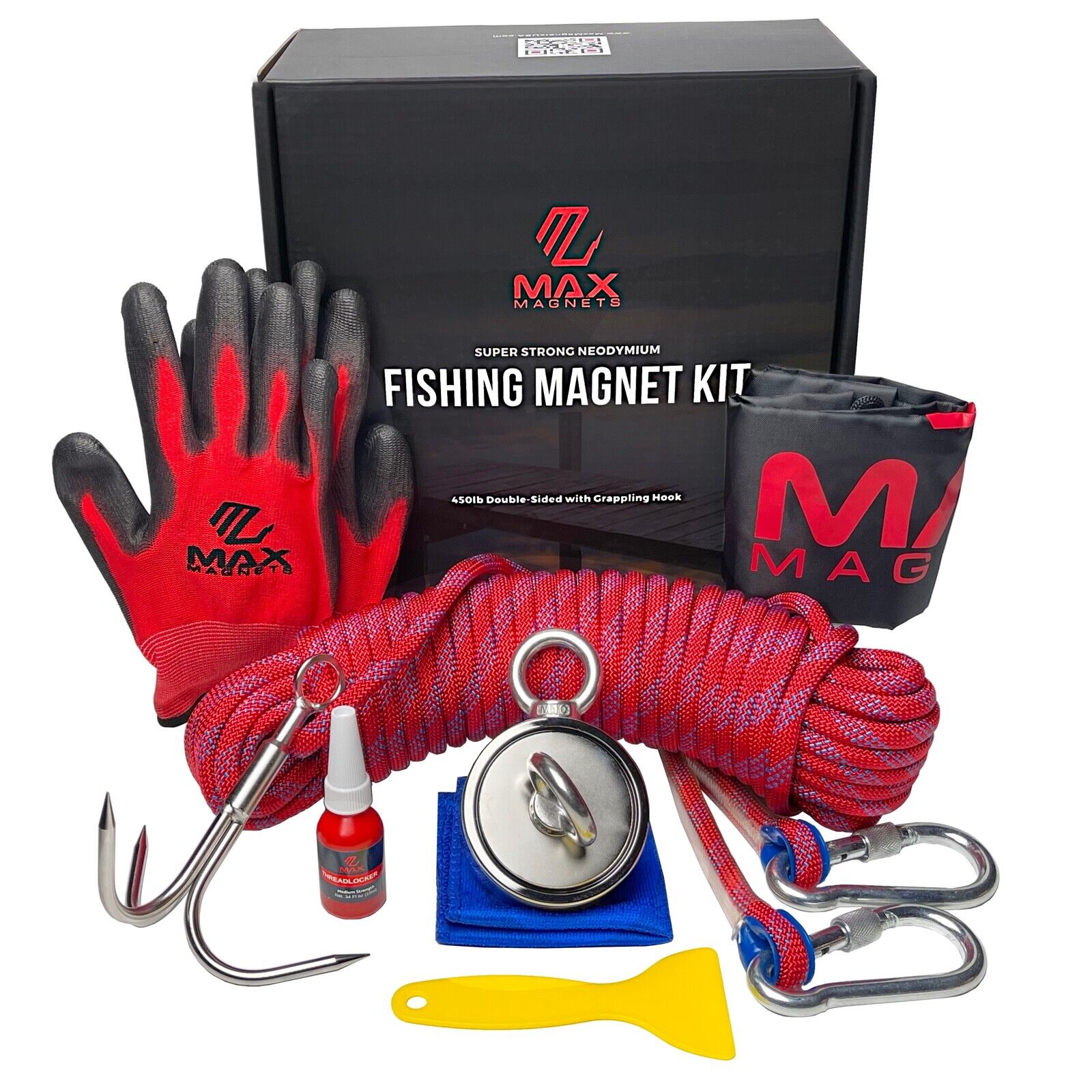 Magnet Fishing Kit - Double Sided 900LB (Combined Pull) 8pc Set Grappling Hook