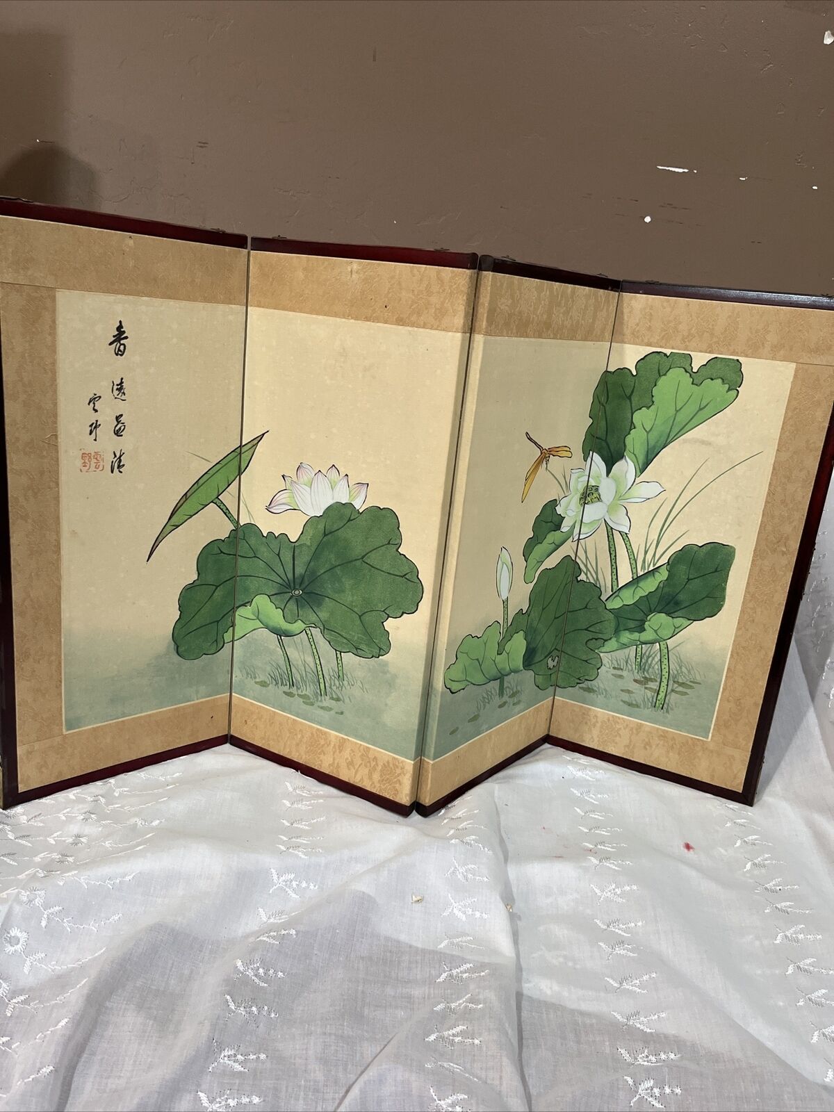 Vintage Oriental Water Lilies Hand Painted 4 Panel Folding Screen, 17”x 30”