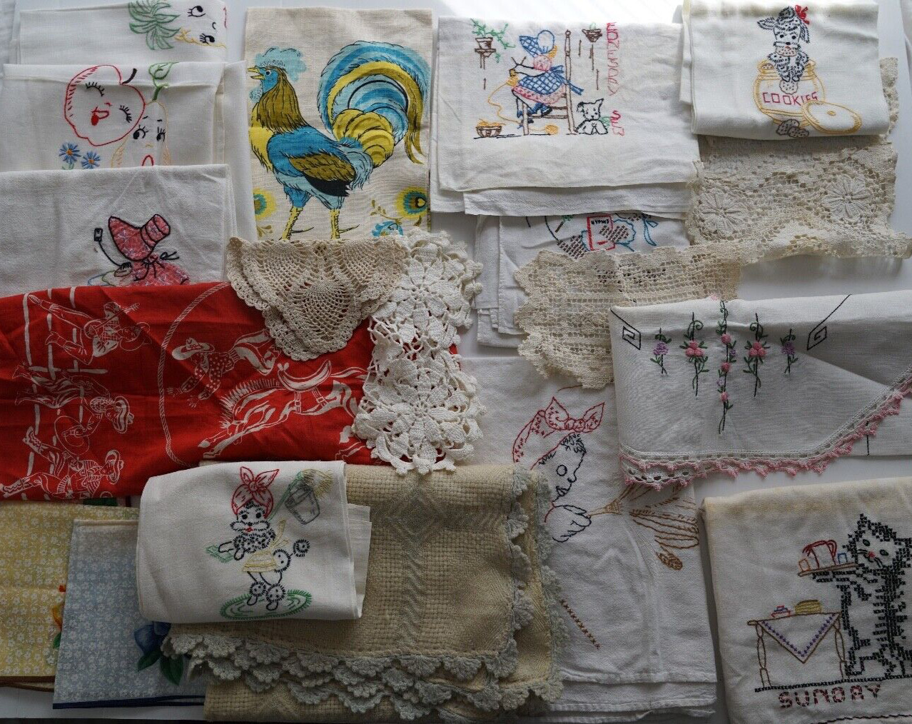Lot of Vintage, Doilies, Cloth Linens, Hand Embroidered, Beautiful Stitching