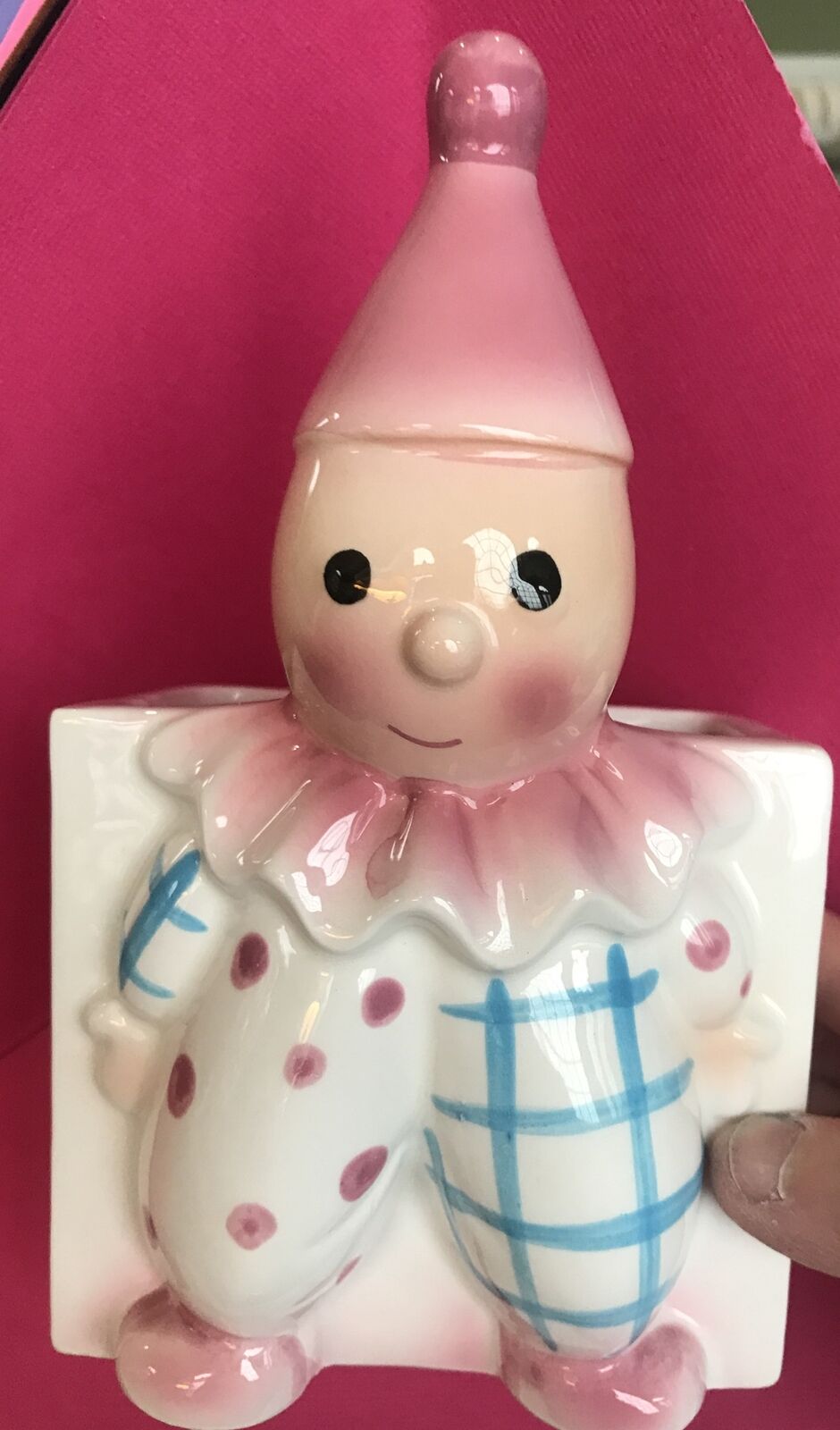 Vintage  Kitschy Baby Clown Ceramic Nursery Planter 1960s Pink Hat  Japan M232