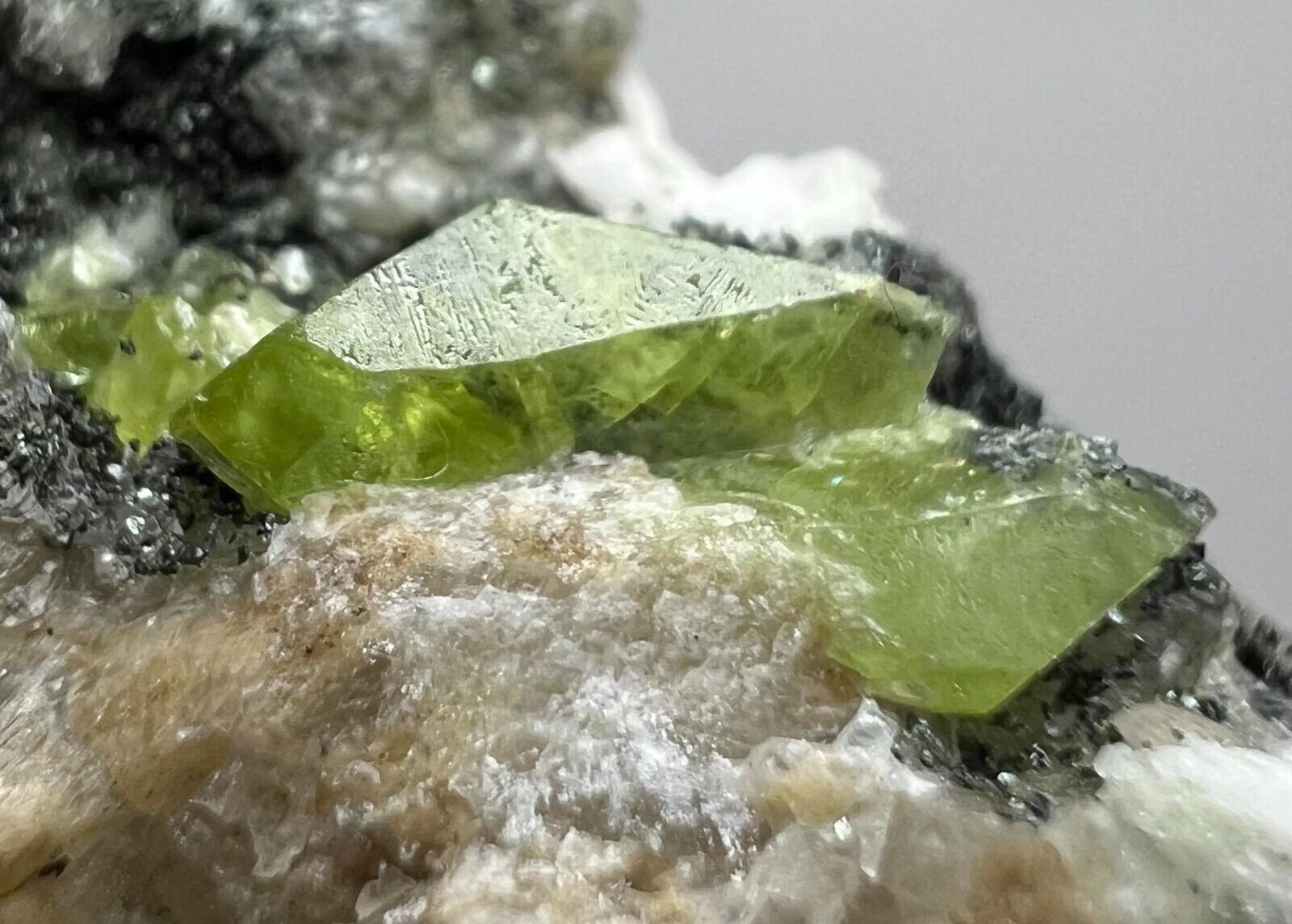 164 CT. Full Terminated Transparent Green Titanite Sphene Crystal with Calcite