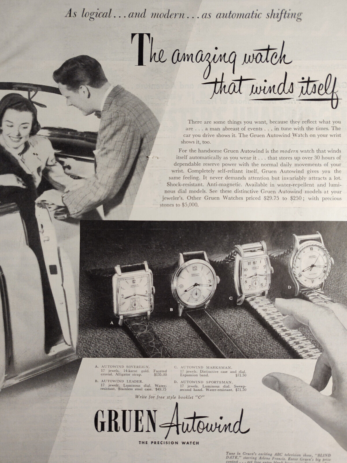 1950 Original Esquire Art Ad Advertisements Gruen Autowind Watches France