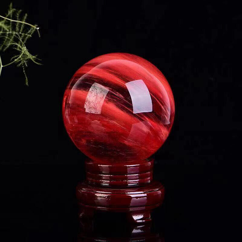 80mm Natural Quartz Crystal Ball Sphere Red Smelting Gemstone Mineral  W/ Stand